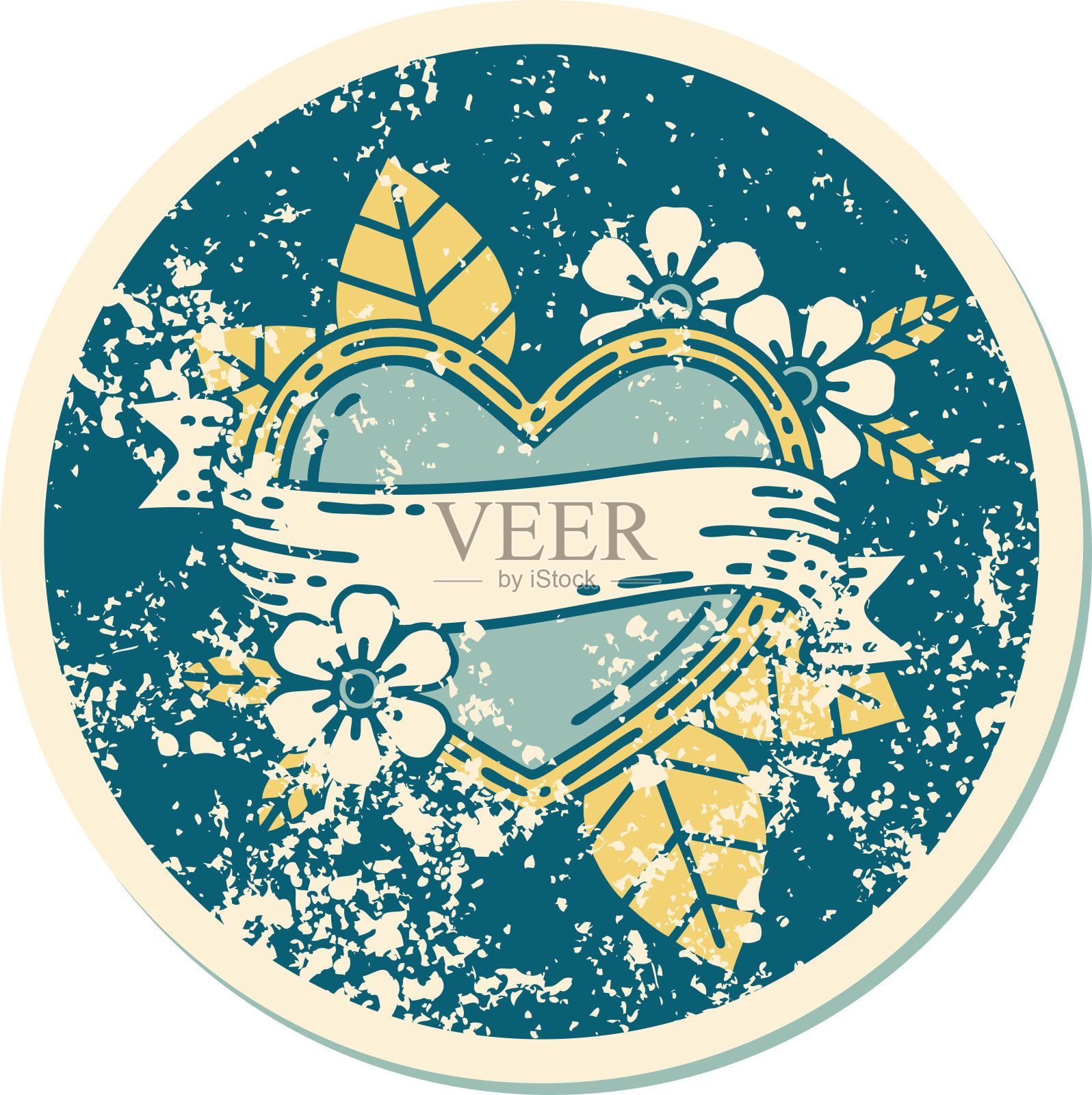 标志性的心疼贴纸纹身风格的心脏和横幅的形象插画图片素材