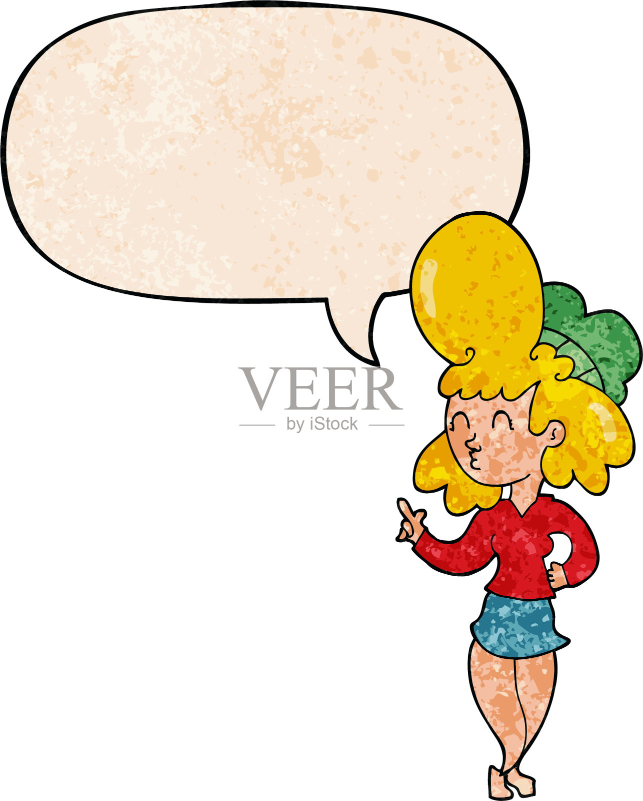 卡通女人与大头发与语音泡泡在复古纹理风格插画图片素材