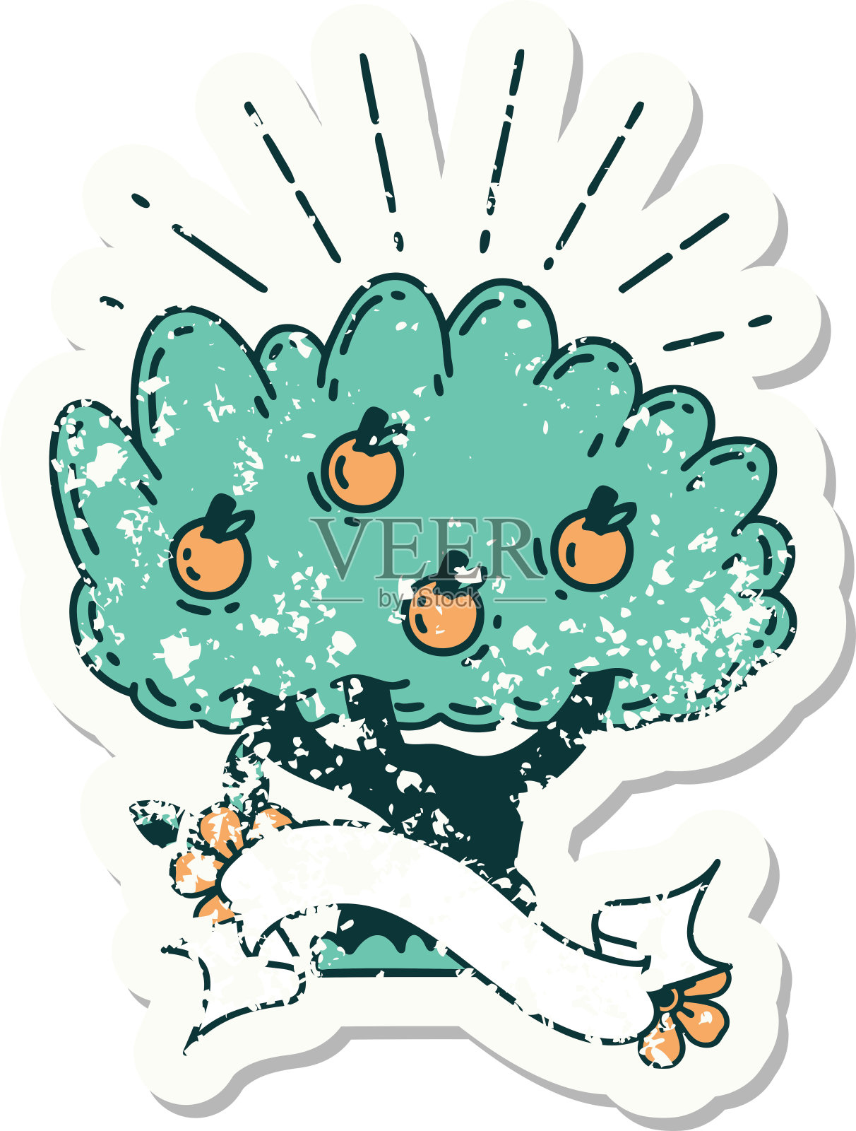 旧贴纸的纹身风格的苹果树插画图片素材