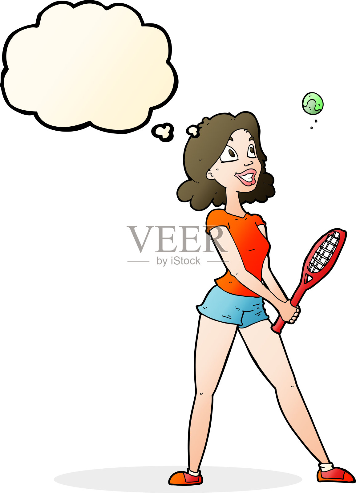 卡通女人用思想泡泡打网球插画图片素材