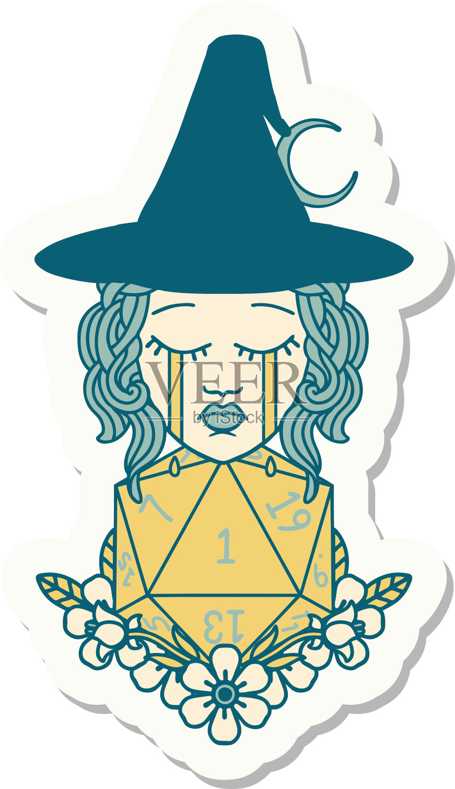 一个哭泣的人类女巫的贴纸与自然一个D20骰子滚动插画图片素材