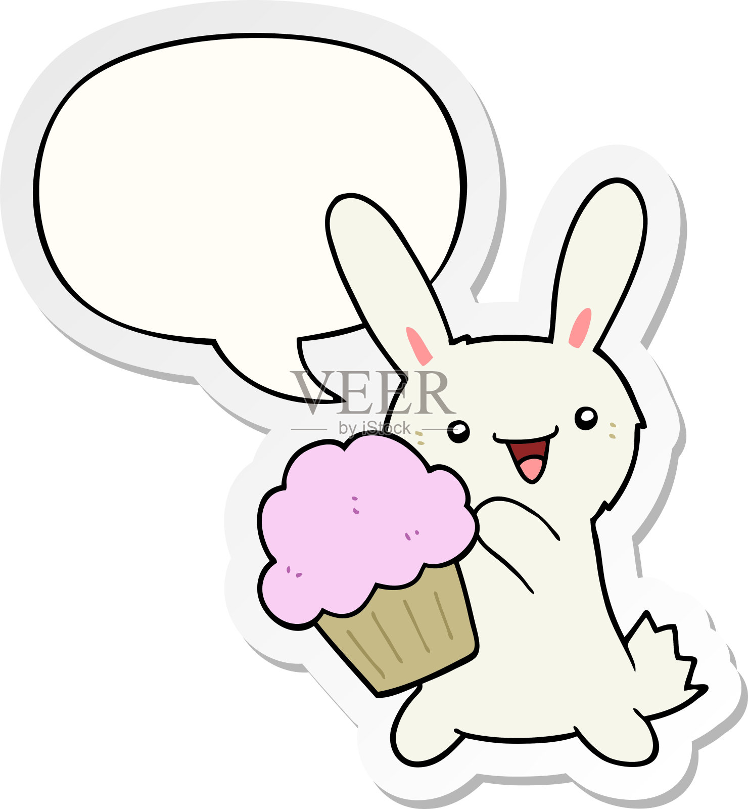 可爱的卡通兔子和松饼，还有语音泡泡贴纸插画图片素材