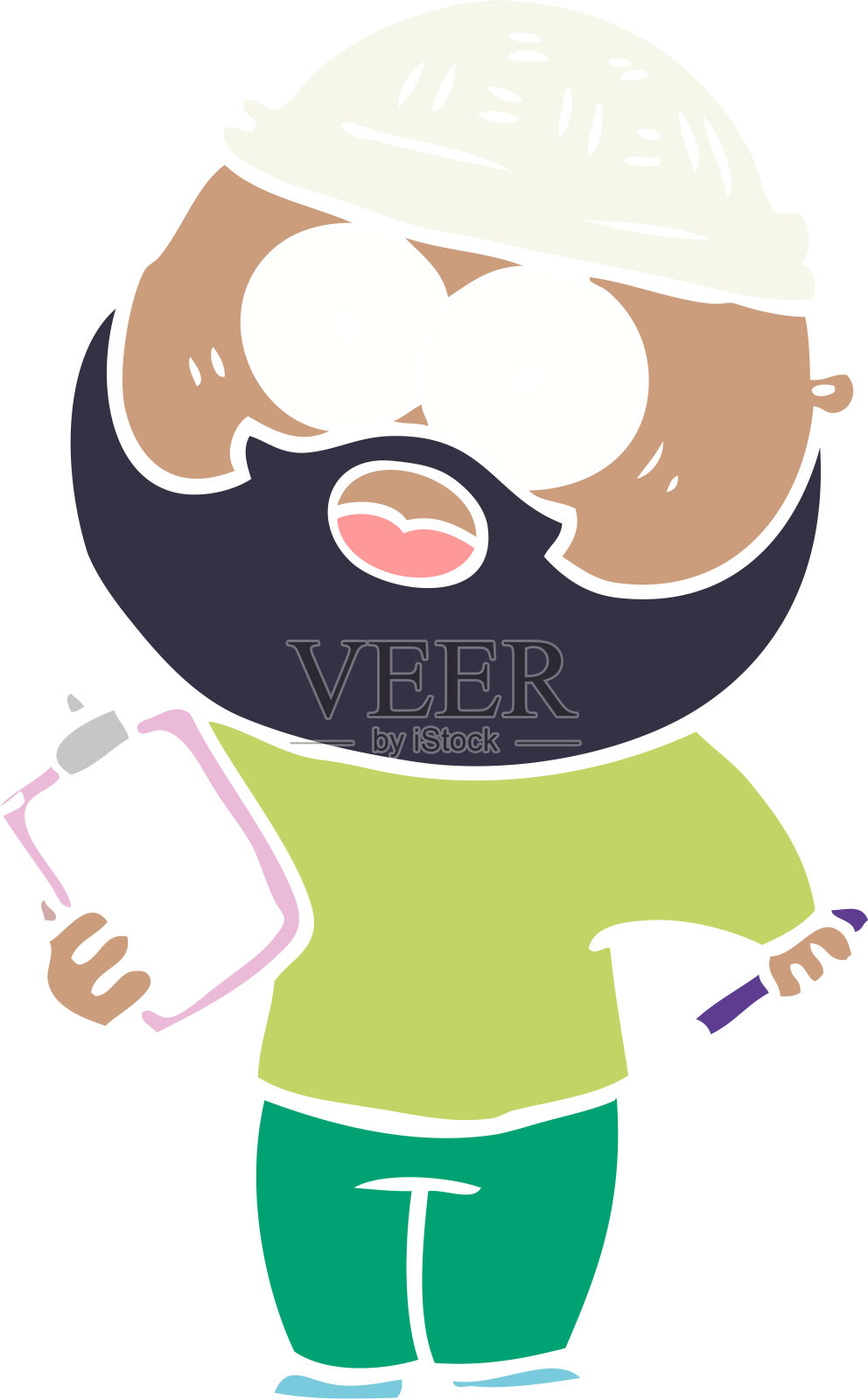 平面色彩风格卡通胡须男子与剪贴板和笔插画图片素材