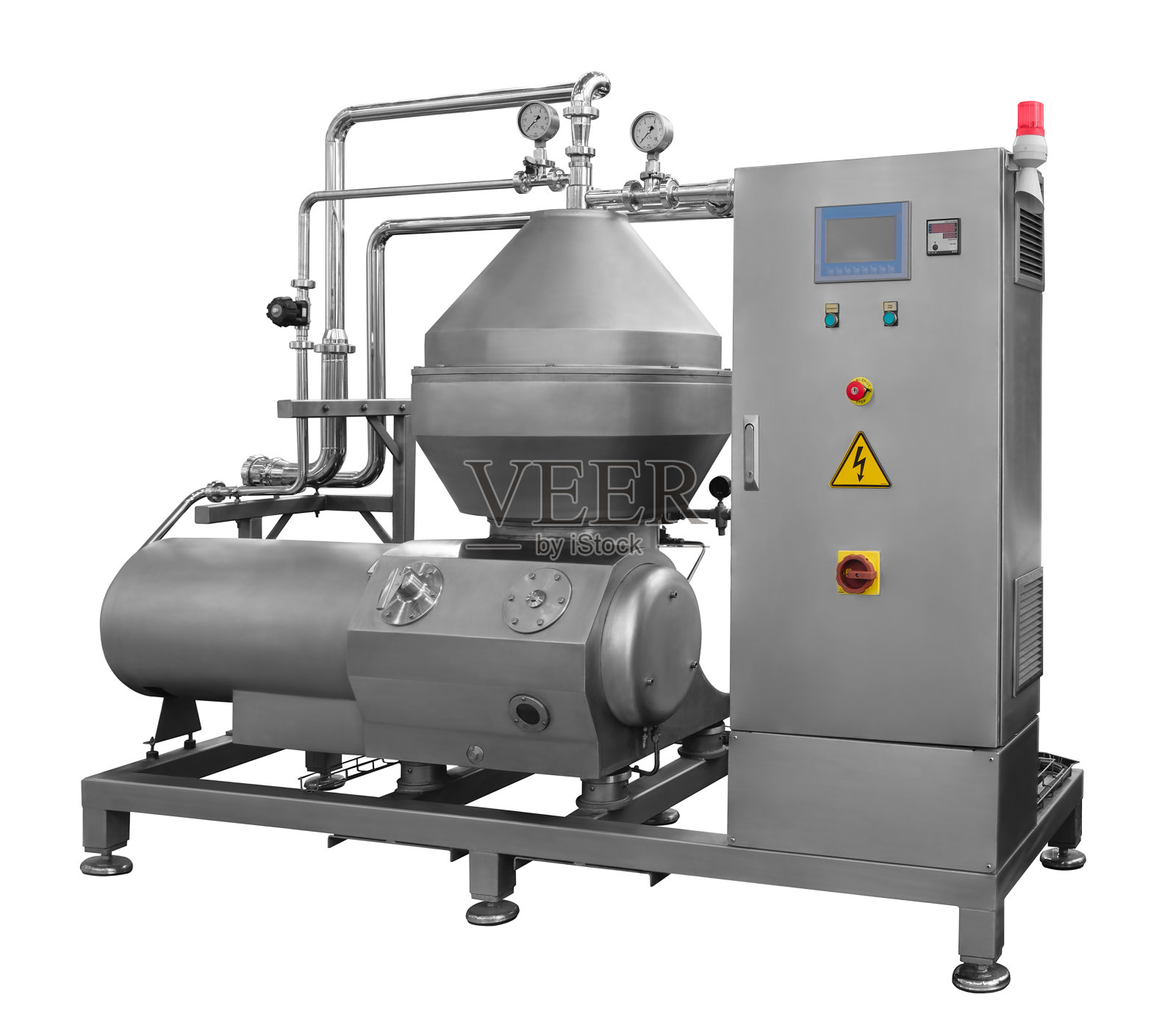 食品工业中的工业搅拌机，食品厂生产线中的流水线输送机隔离在白色背景上照片摄影图片