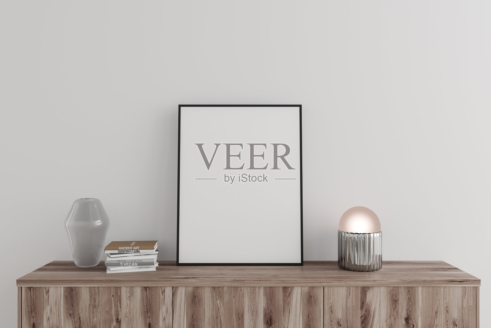 白色客厅内饰有抽屉和艺术装饰，模型框架照片摄影图片