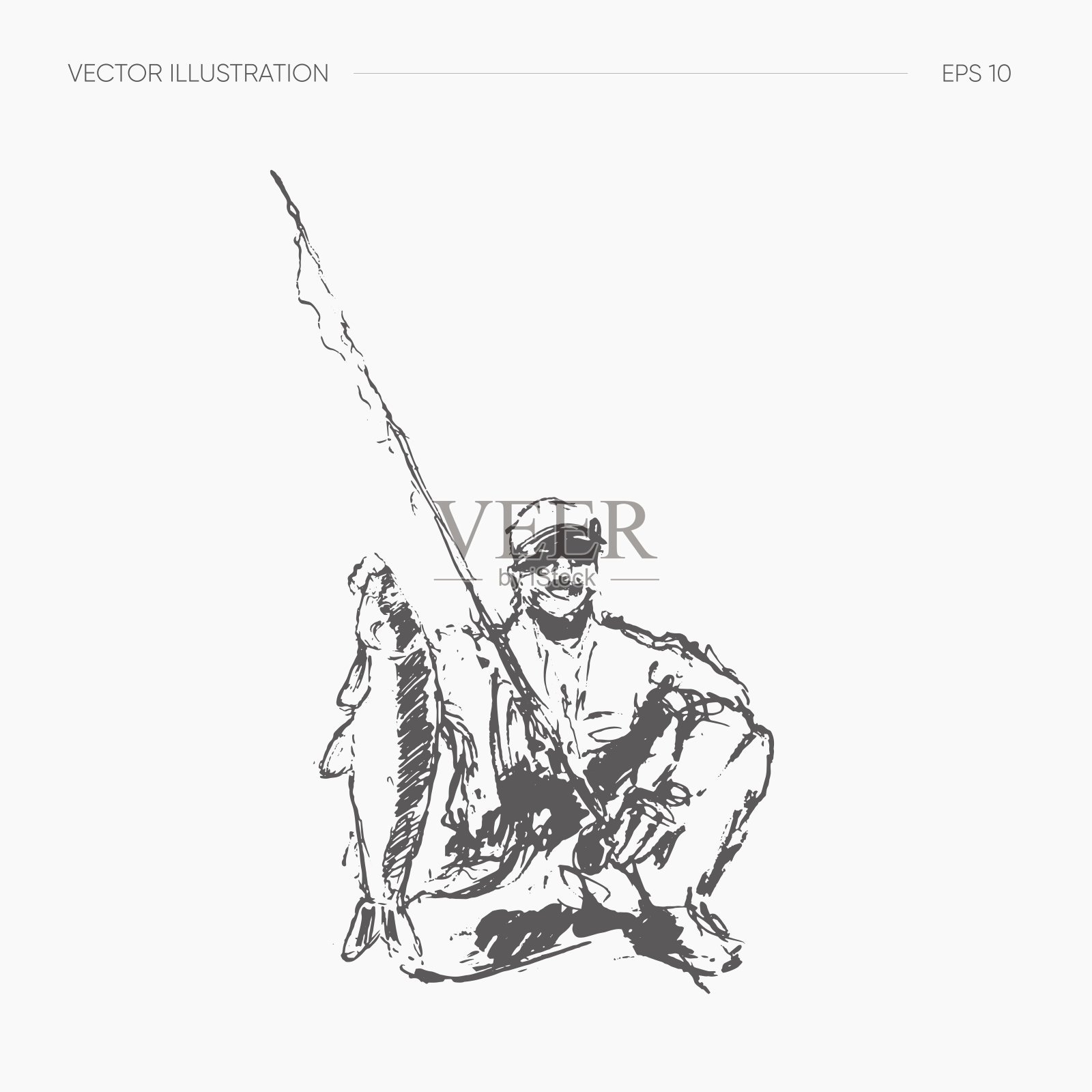 渔夫抓了一条手画矢量的鱼插画图片素材