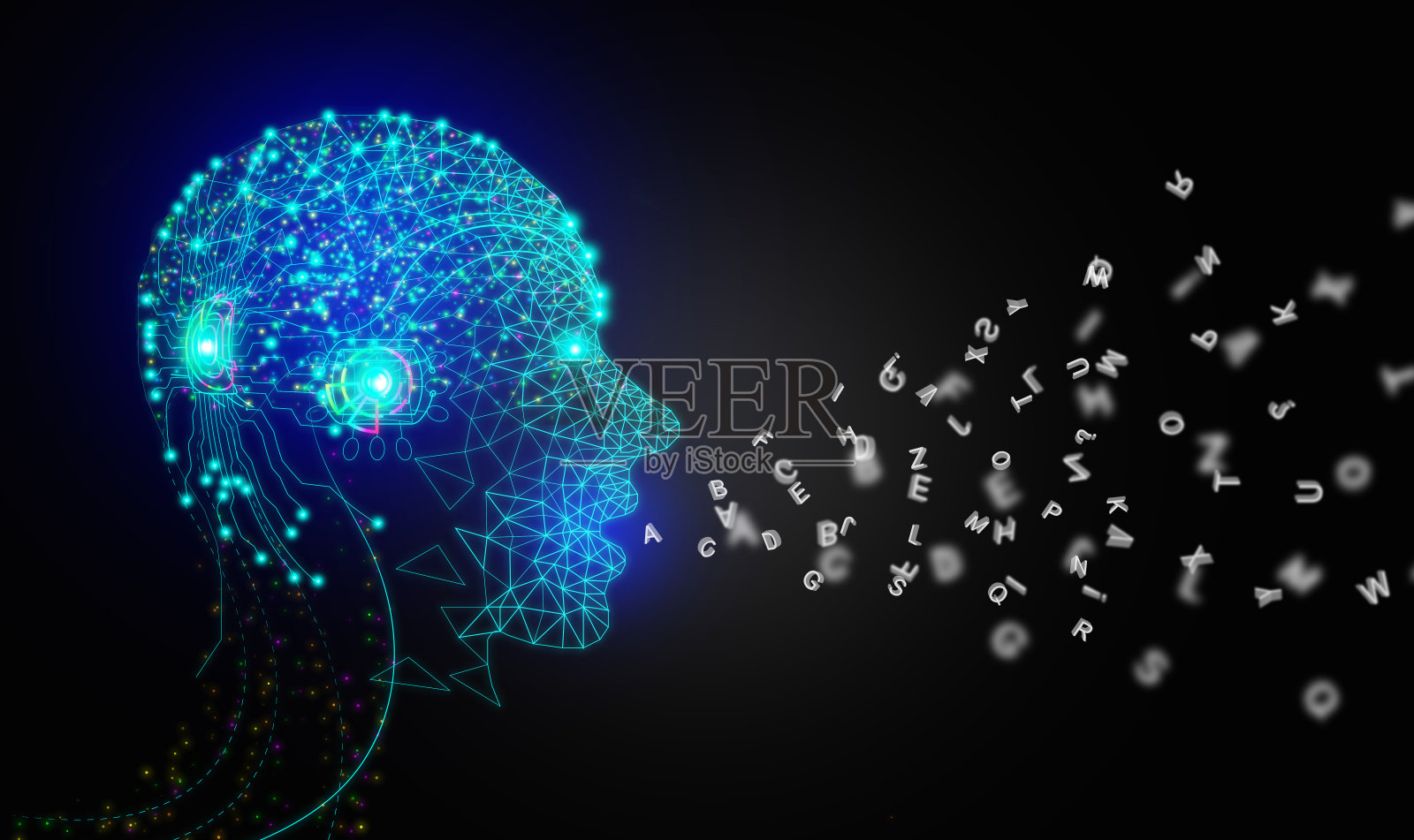 人工智能会说字母、文本到语音(TTS)、文本到语音、语音合成应用、生成人工智能、语言和通信的未来技术。照片摄影图片