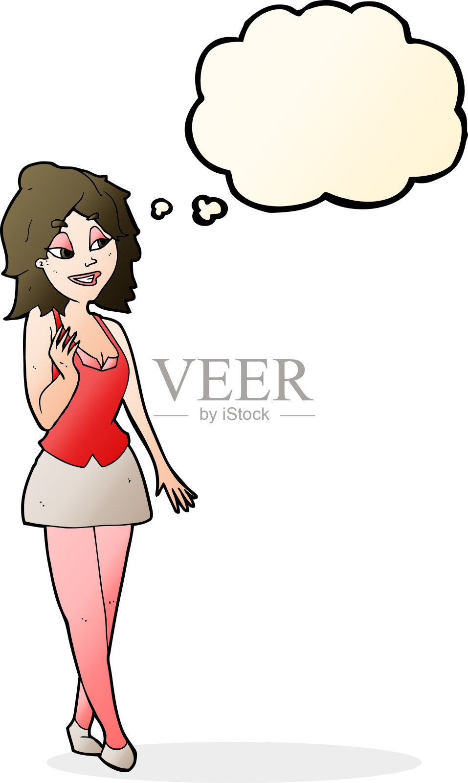 卡通迷人的办公室女人与思想泡沫插画图片素材