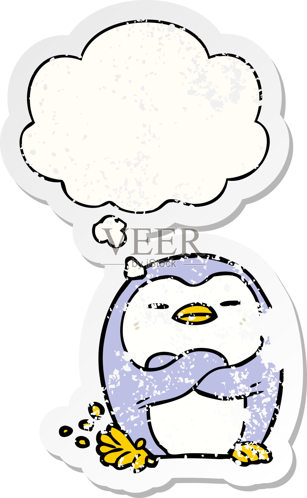 卡通企鹅轻拍脚与思想泡沫作为一个痛苦的磨损贴纸插画图片素材