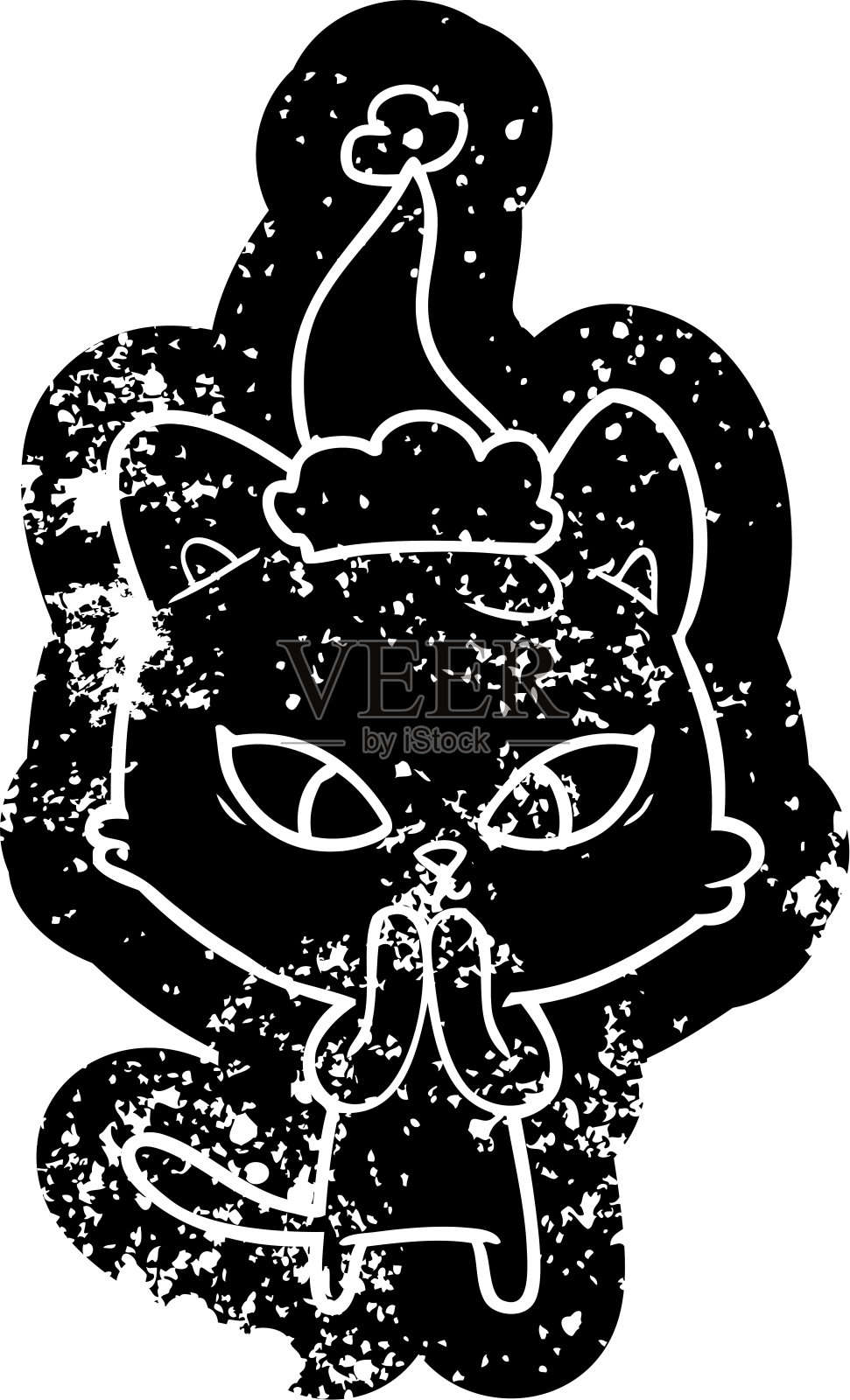 可爱古怪的卡通心疼的猫戴着圣诞老人的帽子插画图片素材