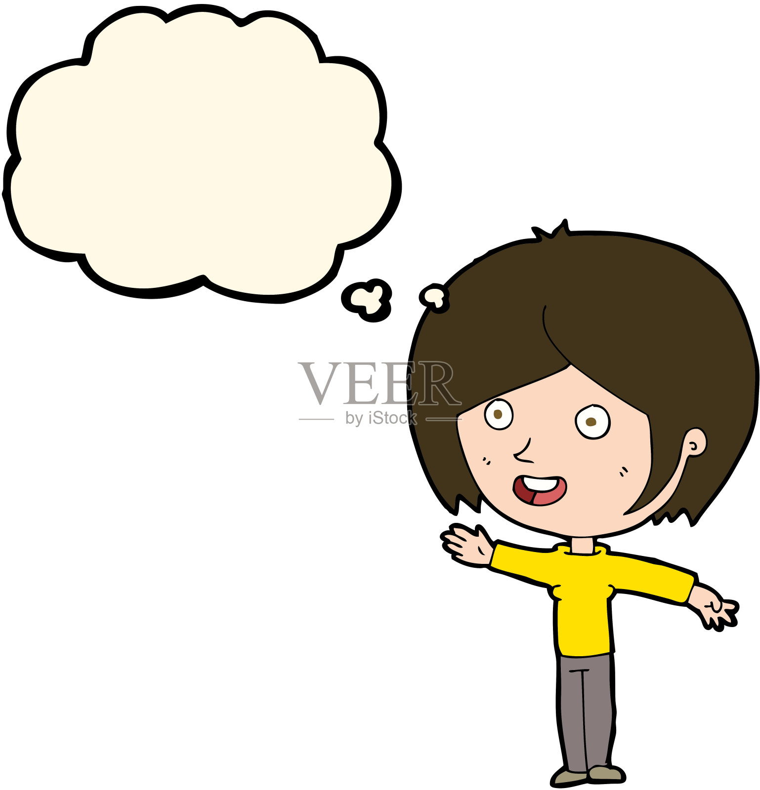 卡通快乐女孩挥舞着思想泡泡插画图片素材