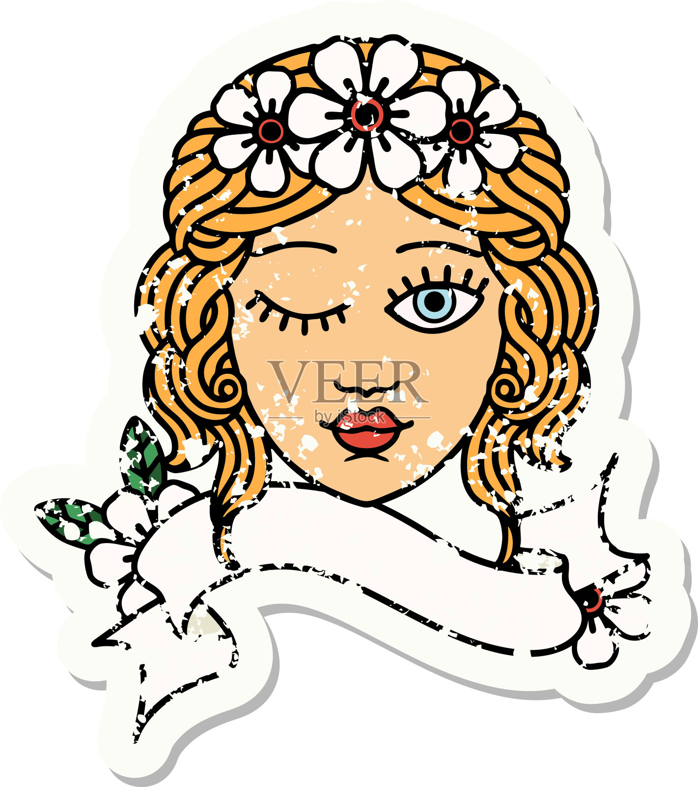 带有少女眨眼图案的复古贴纸banner插画图片素材