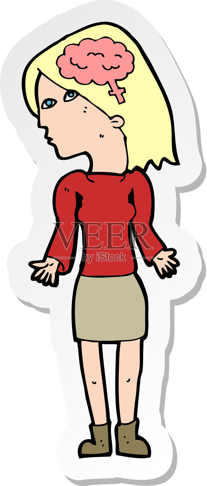 一个卡通聪明女人耸肩的贴纸插画图片素材