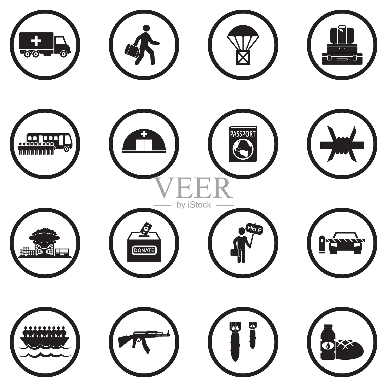 战争难民图标。黑色平面圆形设计。矢量插图。插画图片素材