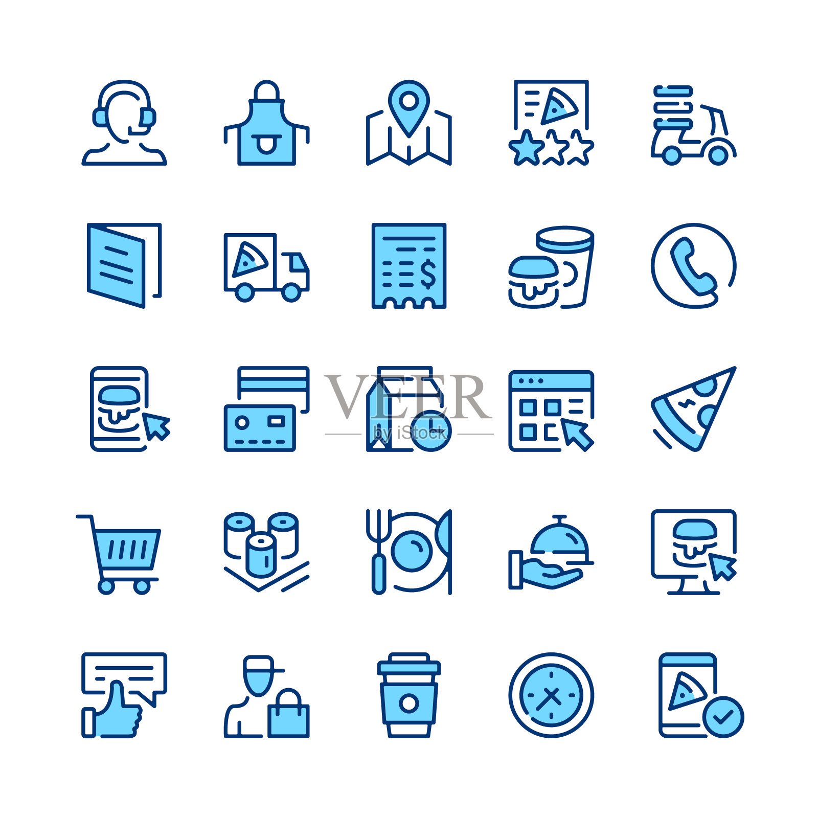 送餐线图标。蓝色的颜色。勾勒出笔画符号。矢量线图标集图标素材