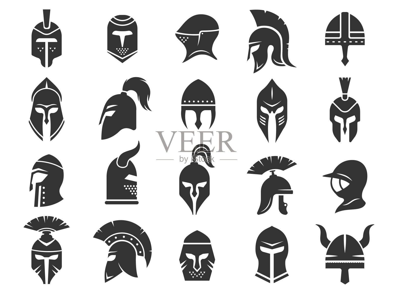 2212.m10.i015.n019.P.c30.629988899古代头盔。中世纪武士骑士头盔盔甲，黑色轮廓的角斗士维京十字军斯巴达头盔保护。向量隔离集插画图片素材