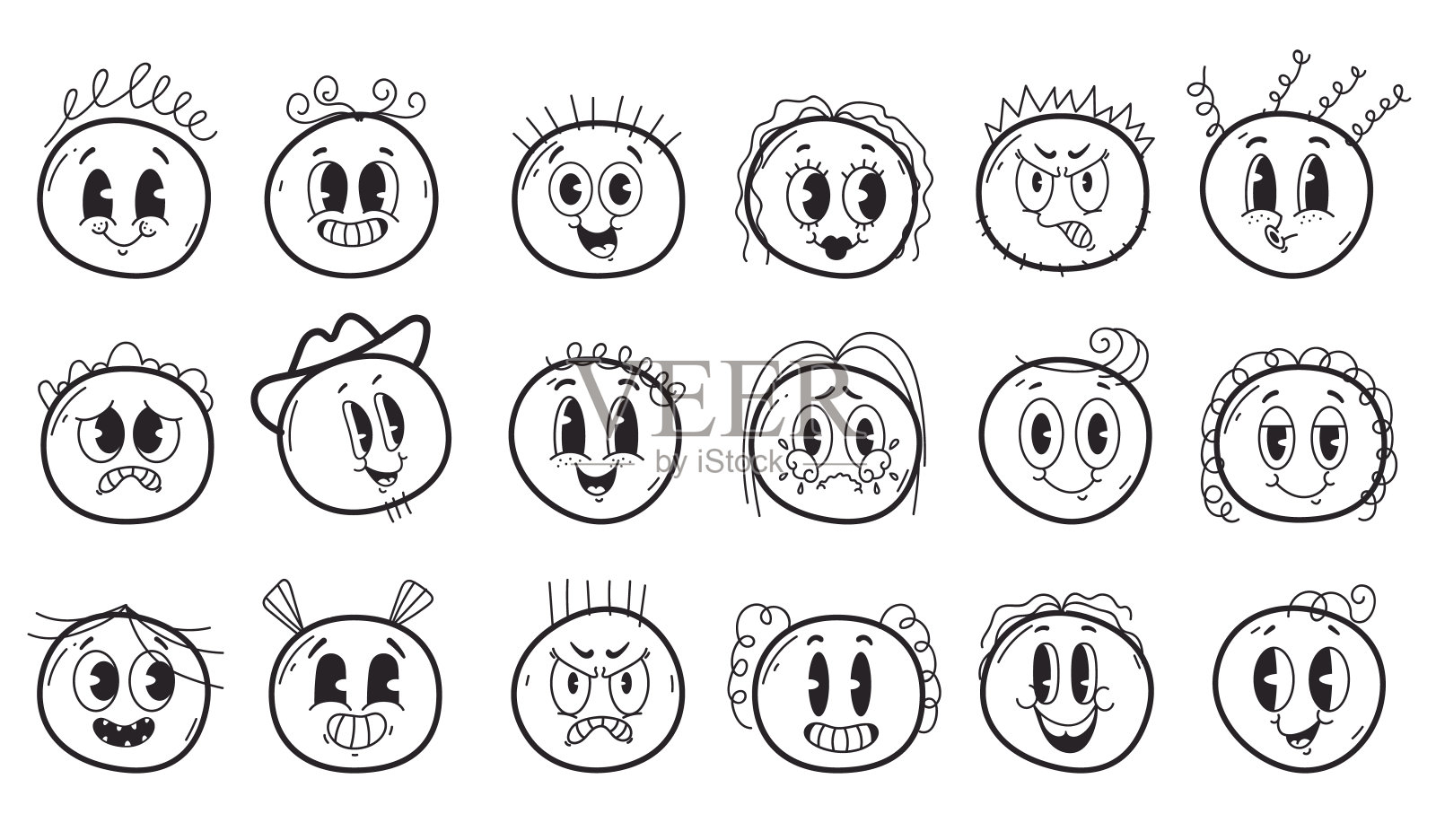 吉祥物脸上五颜六色的圆圆人物有着不同的情绪和表情。涂鸦线艺术风格概念集。矢量卡通平面设计元素说明插画图片素材