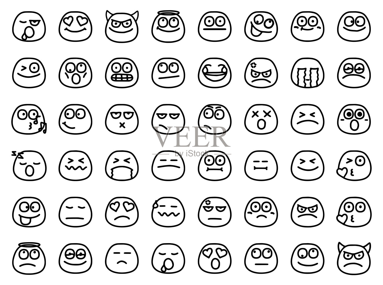 在白色背景上隔离的涂鸦风格的表情符号集。滑稽面孔剪贴艺术。图标素材