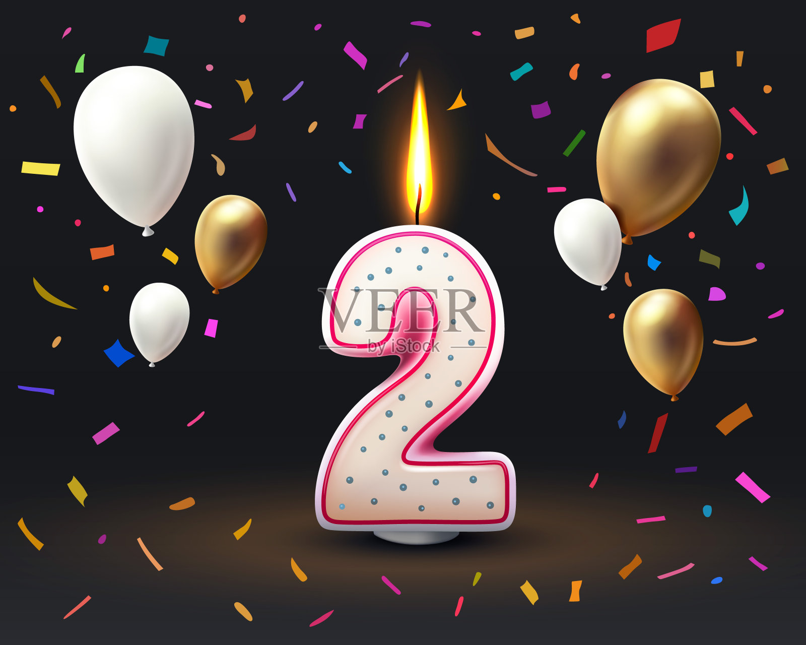 生日快乐年周年人生日，蜡烛形式的数字二年。向量插画图片素材