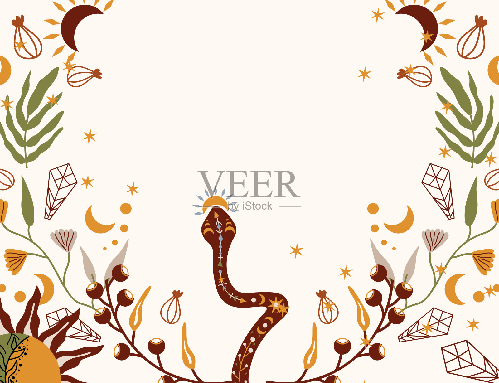 波西米亚式的构图有蛇、天上的月亮、水晶、彩色的花和叶子。神秘的，神奇的成分。适用于横幅、海报、明信片。矢量插图。插画图片素材