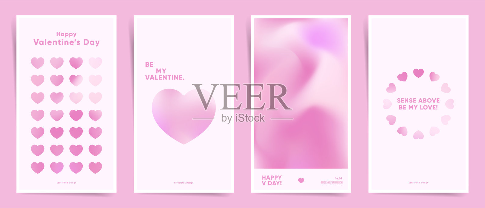 情人节爱情故事设计模板集。浪漫可爱的粉红色活动传单，用于横幅或移动社交帖子。对于全息设计，网格渐变颜色。设计模板素材