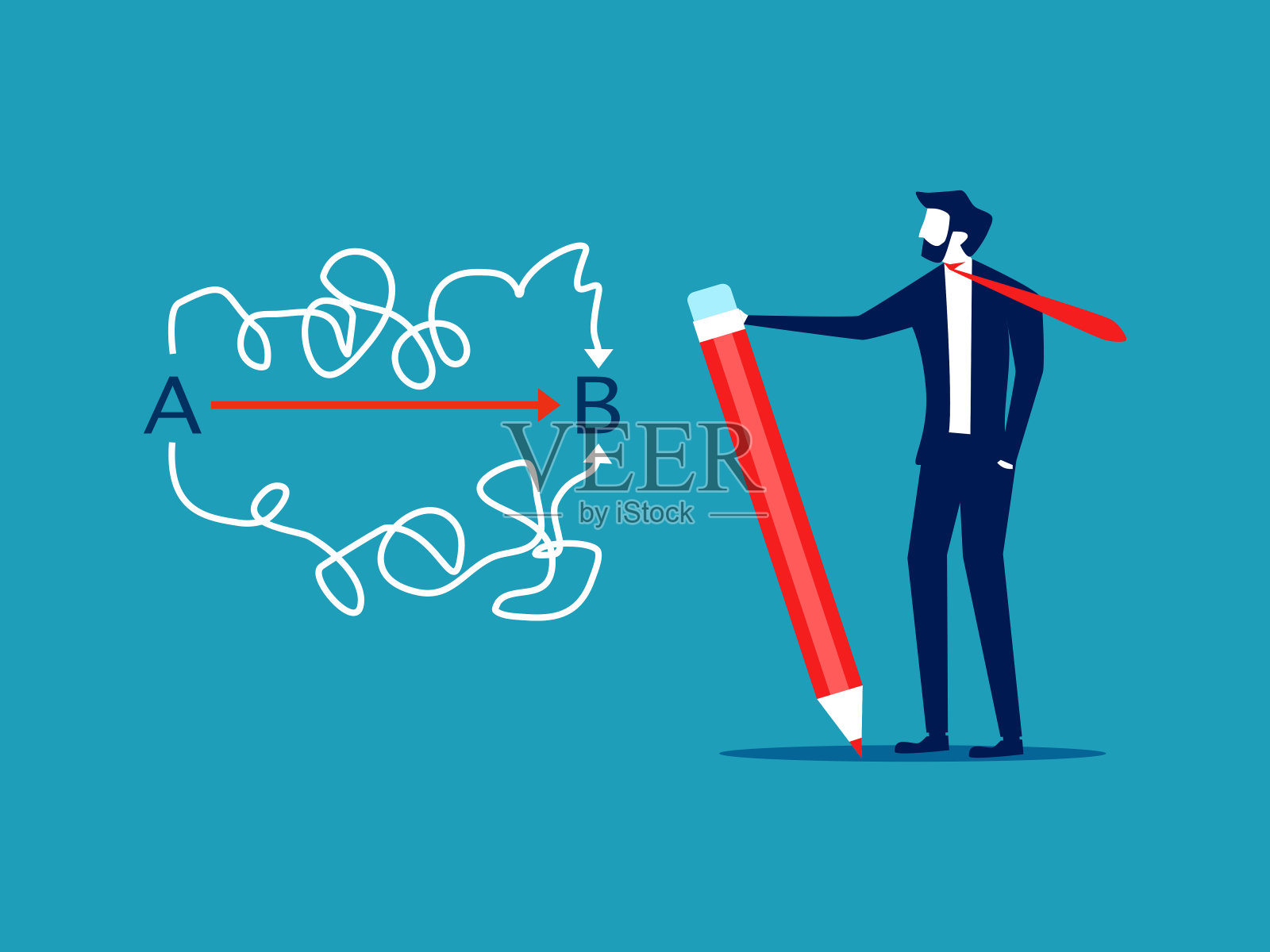 商务人士用简单的方式解决问题。简单的通道和复杂的长曲线。简单和困难的象征插画图片素材