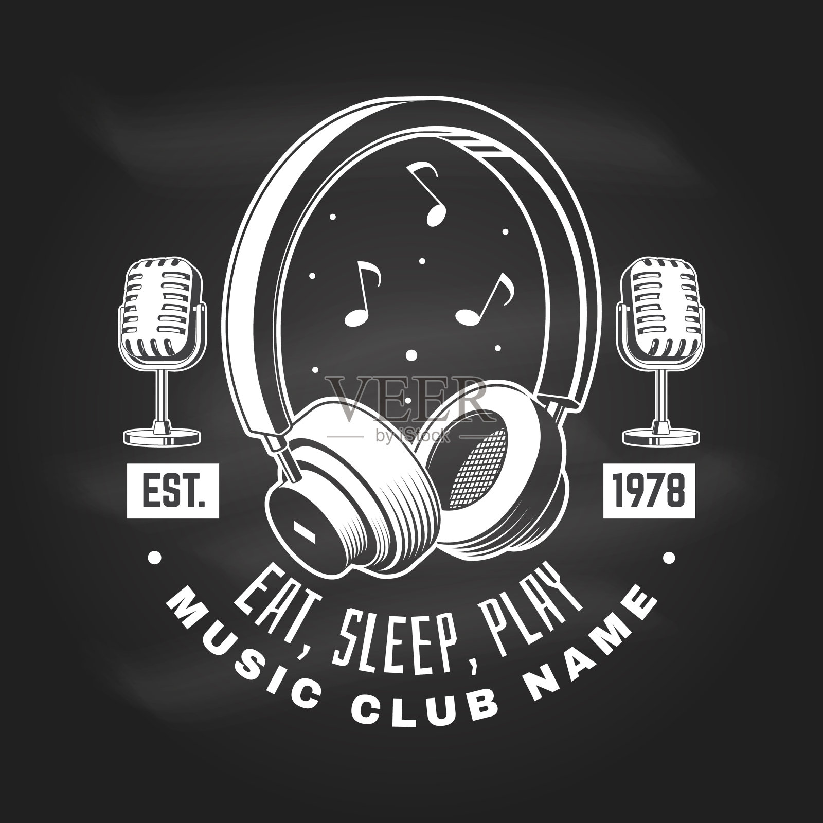 音乐俱乐部海报，黑板上的横幅。复古耳机麦克风复古排版设计的t恤，徽章，标志，徽章设计。矢量图插画图片素材