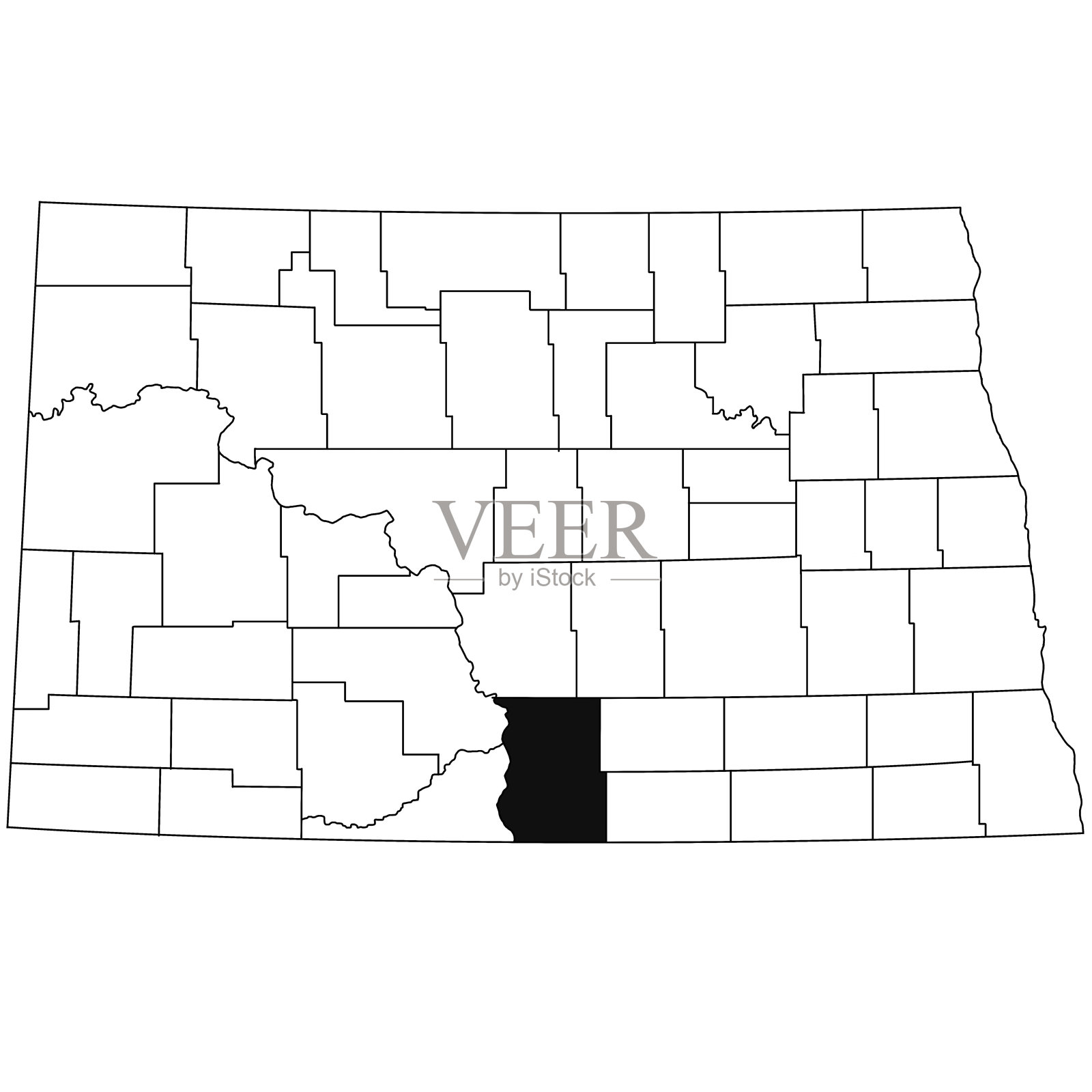 北达科他州埃蒙斯县的白色背景地图。北达科他州地图上的单个县以黑色突出显示。插画图片素材