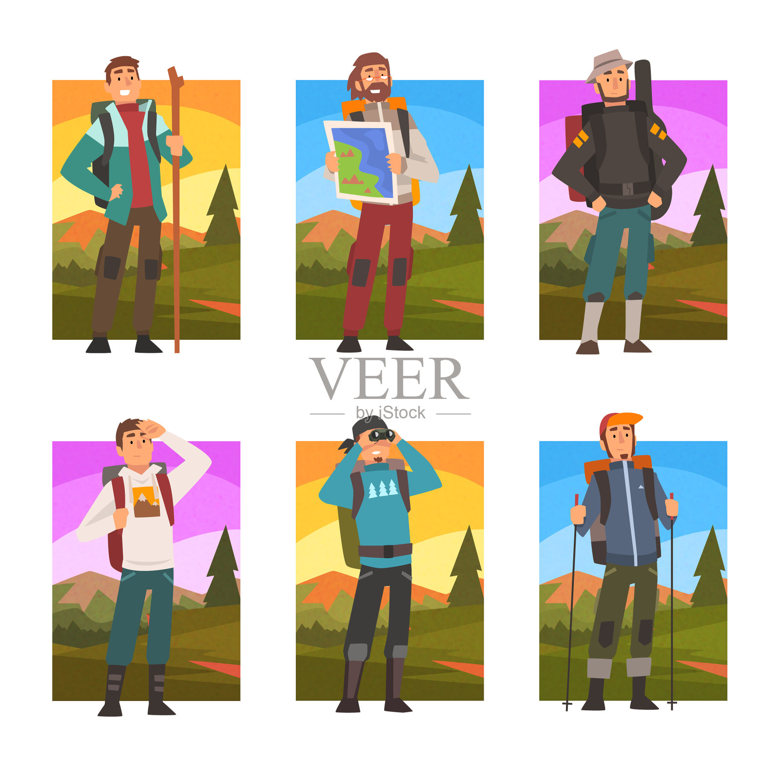 男子旅行者或探险家与背包从事插画图片素材