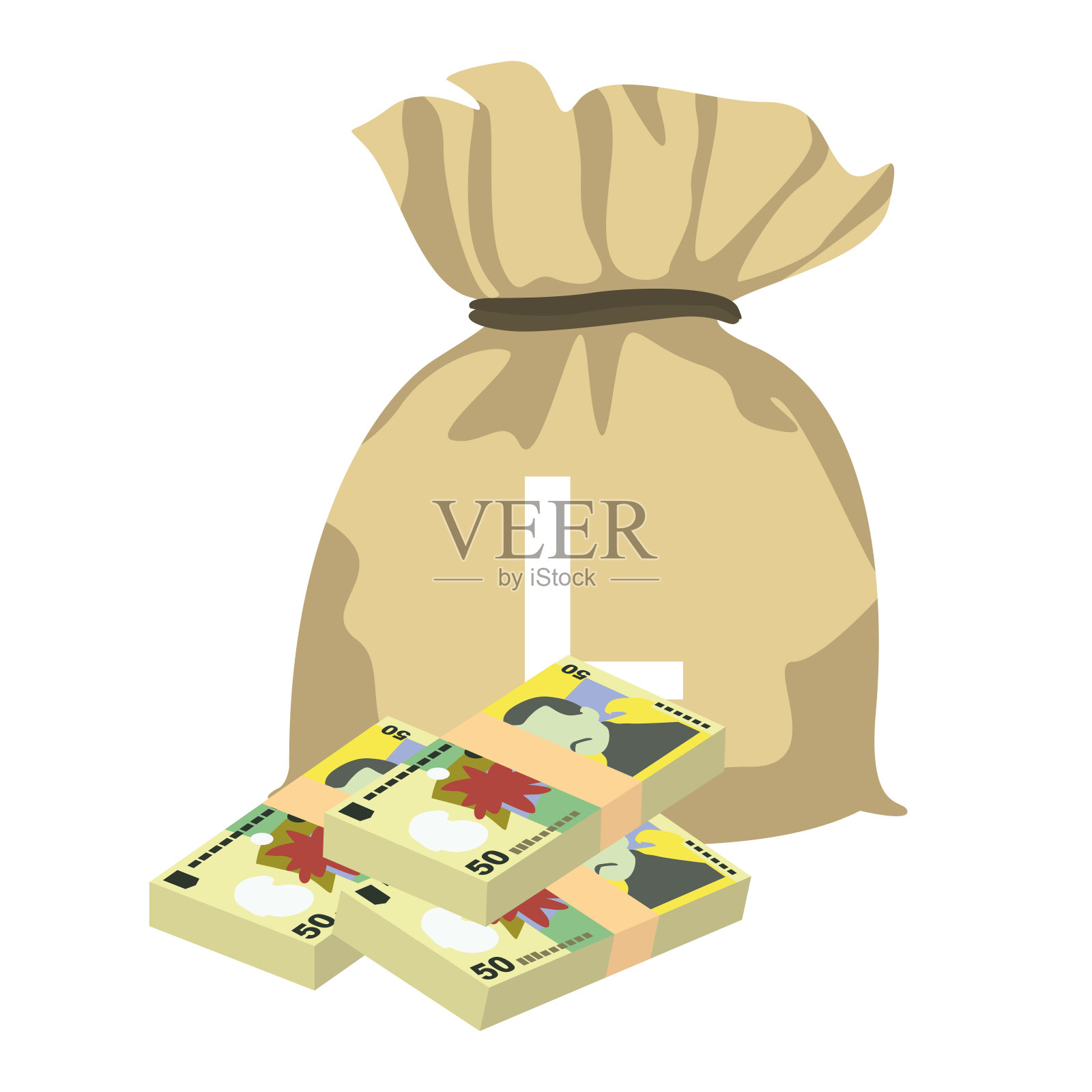 罗马尼亚Leu矢量插图。罗马尼亚货币套装捆绑钞票。钱袋50，罗恩。平的风格。孤立在白色背景上。简单的最小设计。插画图片素材