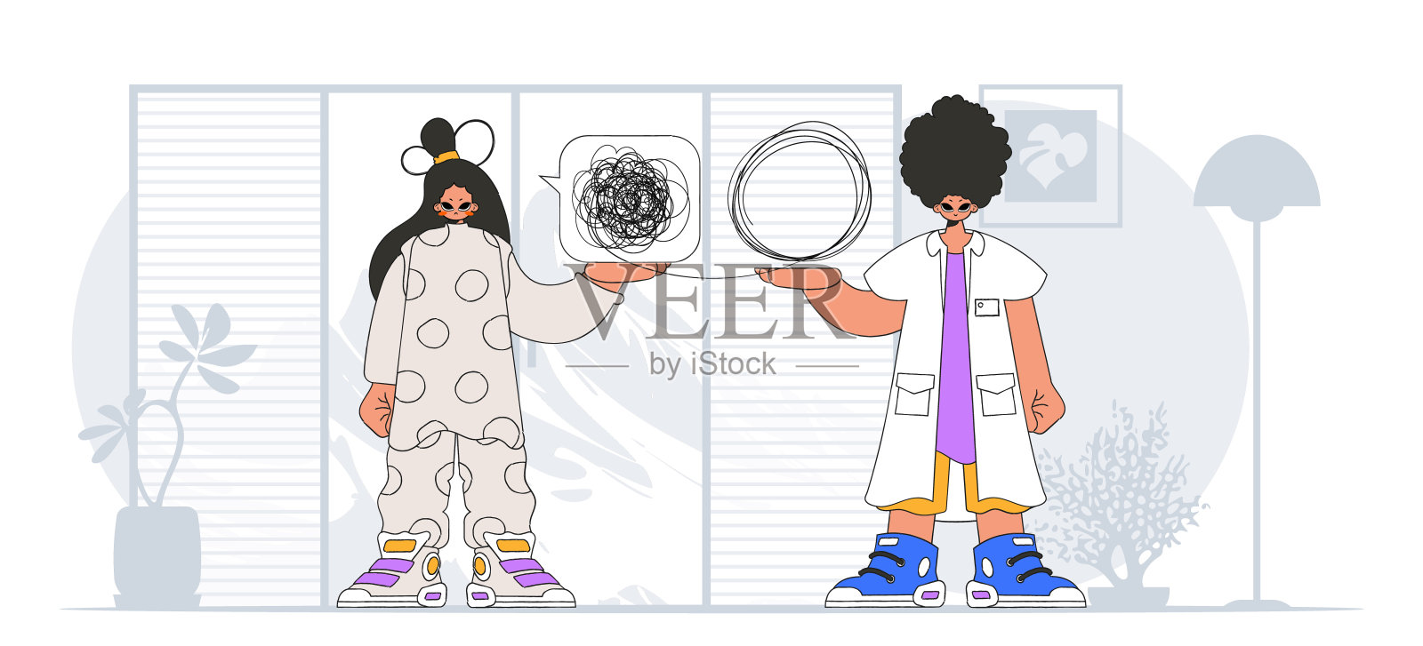 话题帮助:被无望和绝望感折磨的人心理医生解开了一团乱麻。病人表现出他沉浸在他的思想中。插画图片素材