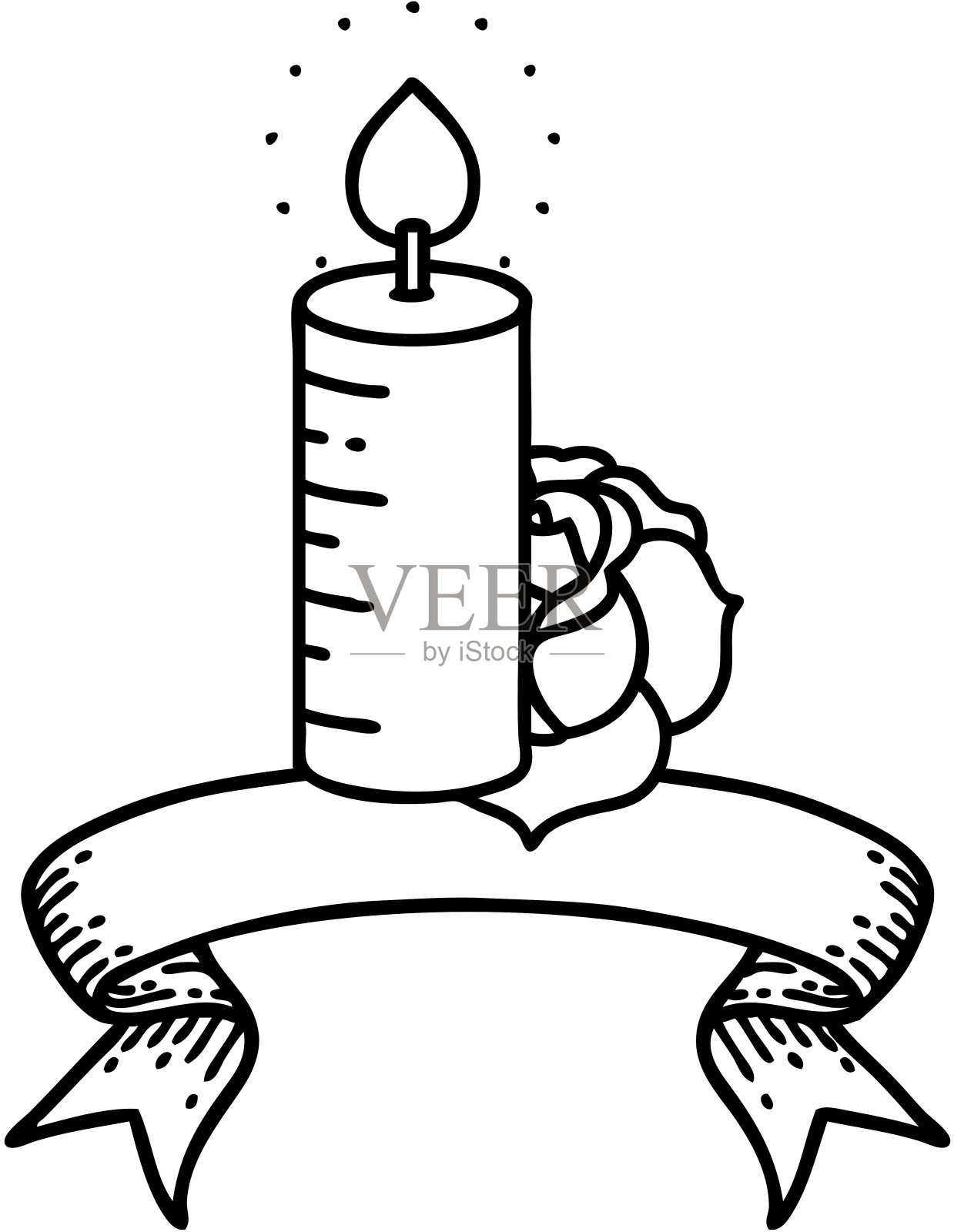 传统的黑色线条纹身的旗帜蜡烛和玫瑰插画图片素材