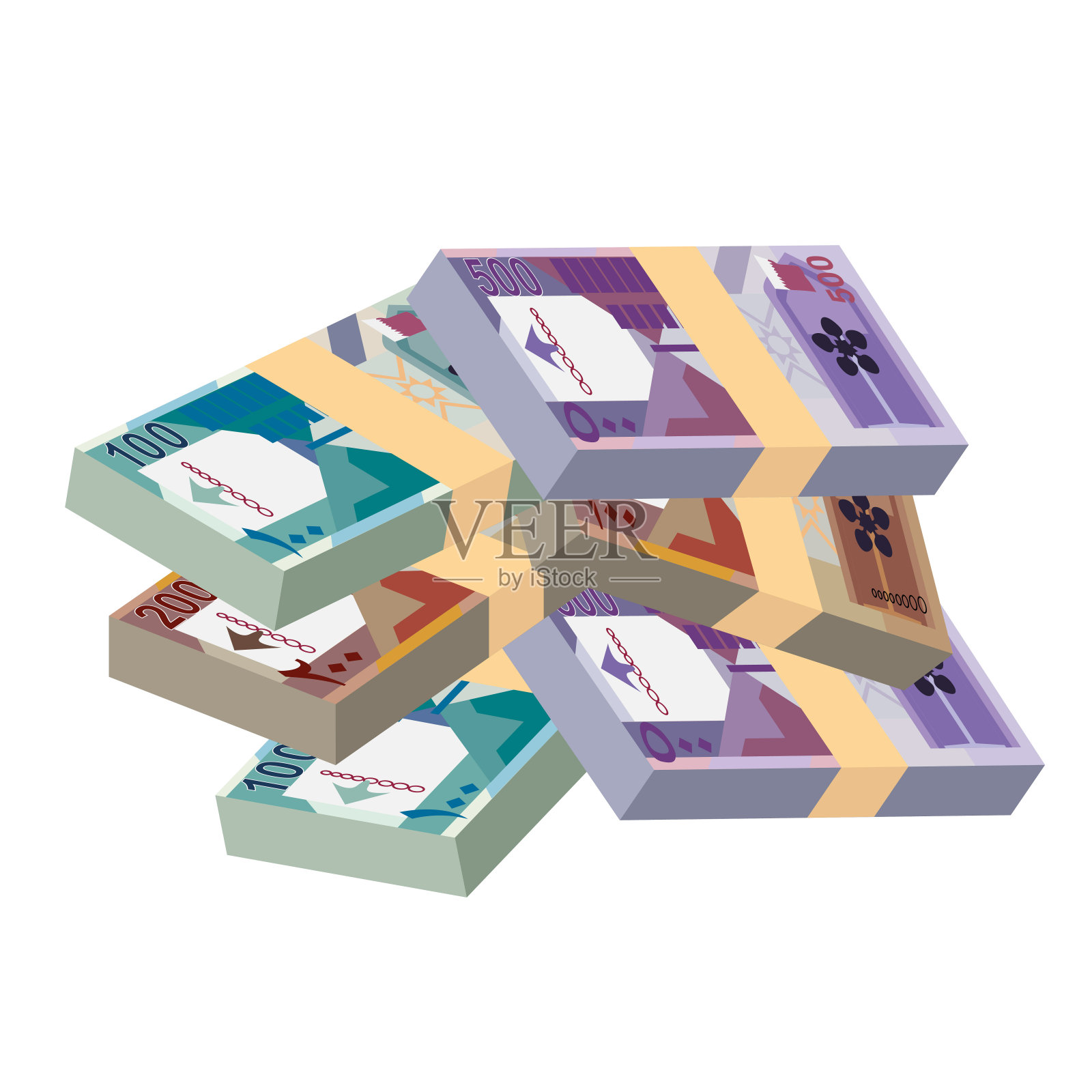 卡塔尔里亚尔矢量插图。卡塔尔货币套装捆绑钞票。纸币100、200、500卡尔。平的风格。孤立在白色背景上。简单的最小设计。插画图片素材