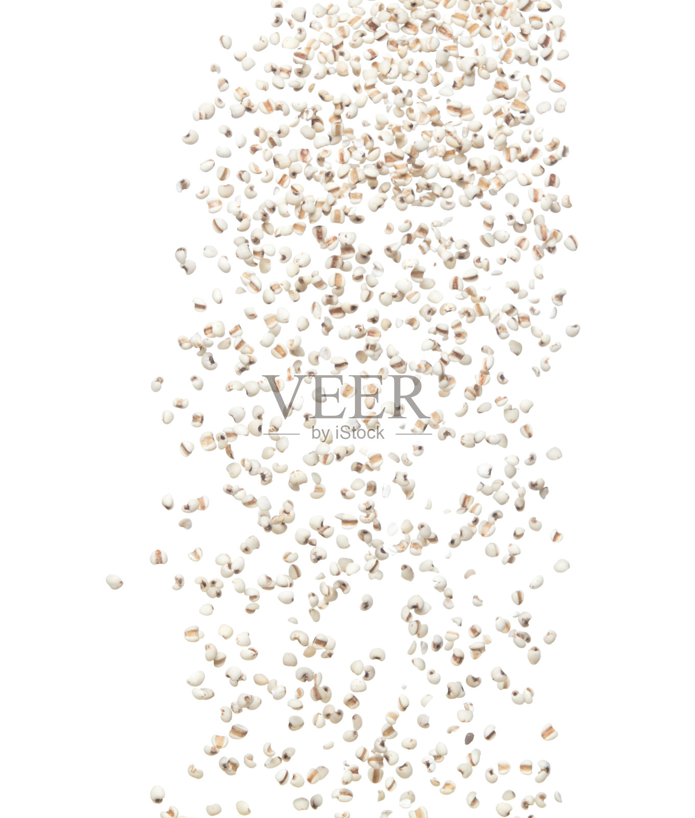 工作的泪飞爆炸，白粒工作泪飘抽象云飞。漂亮的工作泪花停在空中，食物对象设计。白色背景隔离高速快门冻结运动照片摄影图片