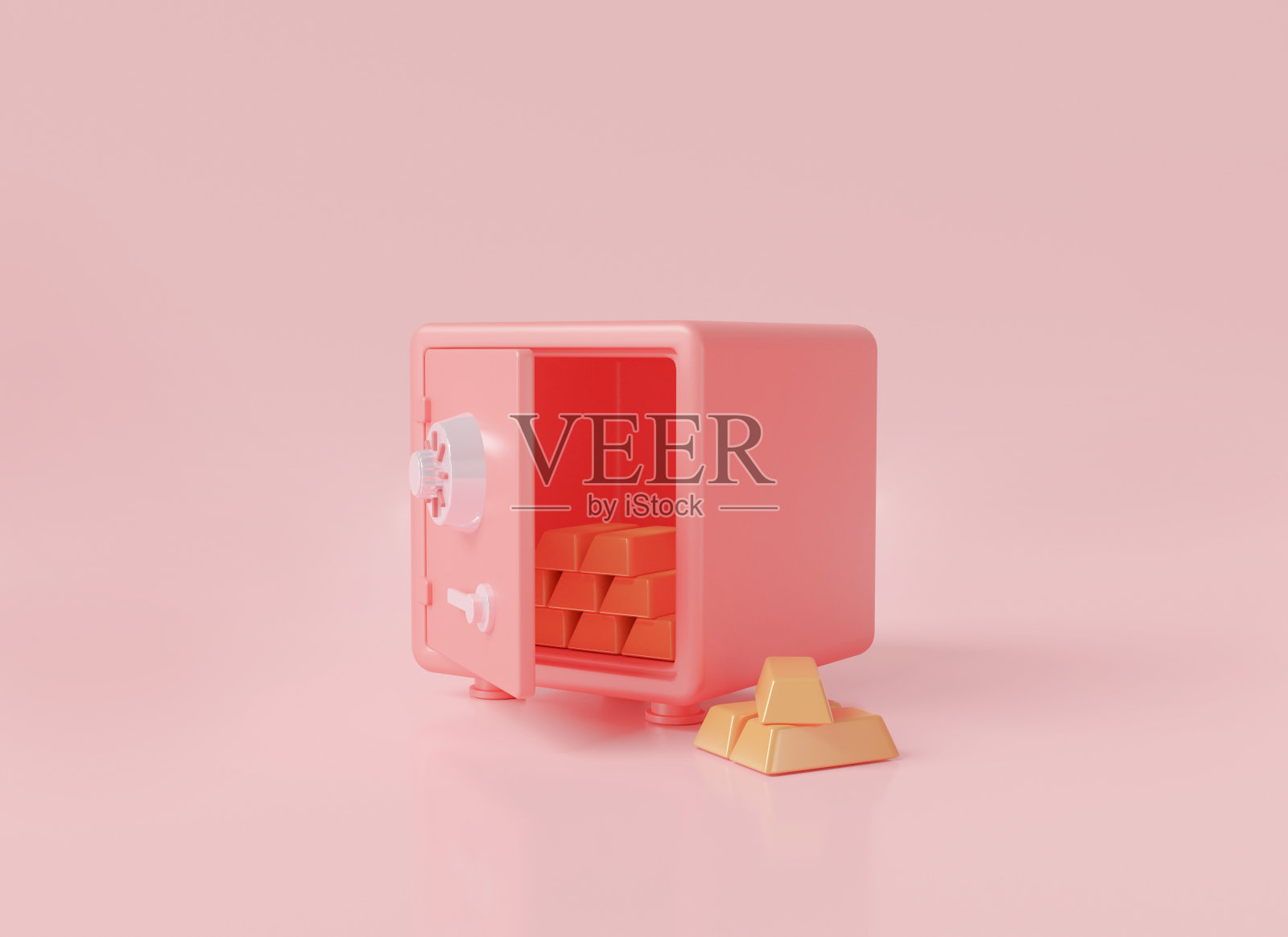 3d图标渲染说明粉红色保险箱与金色堆栈隔离在粉红色粉彩背景。关于省钱的概念。现金，金条，硬币，增长货币，金融安全照片摄影图片