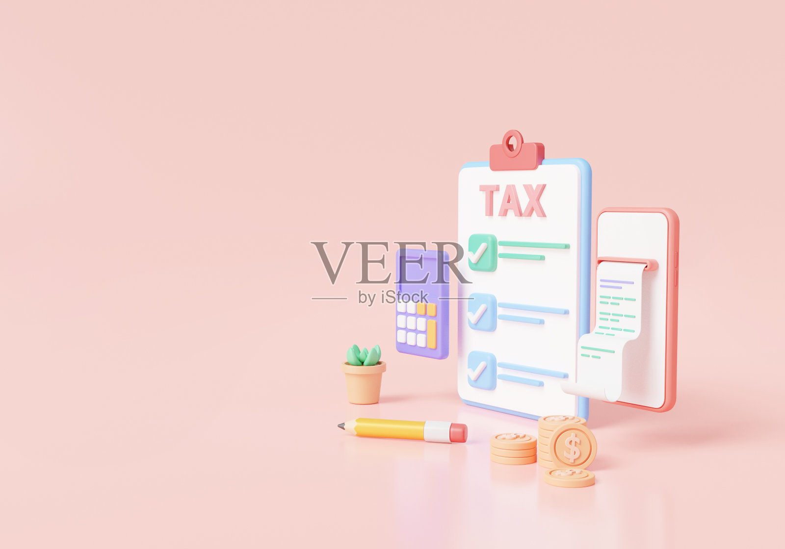 纳税和经营理念。通过电话在线报税。政府税务，财务管理，计算器，现金，硬币，税务表格清单，3d渲染插图。卡通最小照片摄影图片