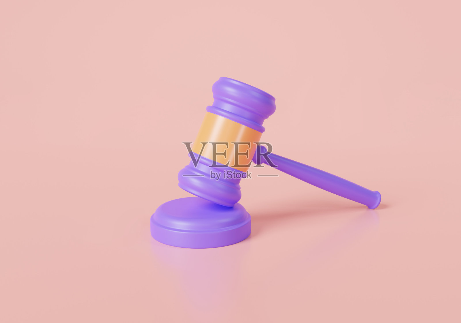 粉色背景上的紫色法槌图标。审判槌、法律和司法系统概念。3D渲染卡通极简风格照片摄影图片