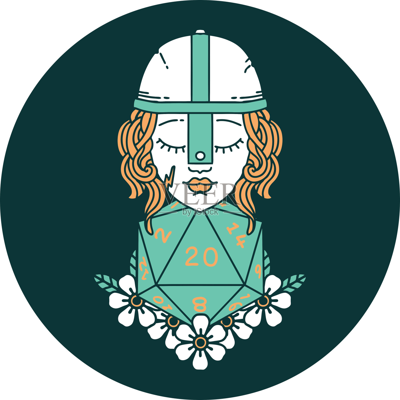 图标的人类战士与自然20 D20骰子滚动插画图片素材