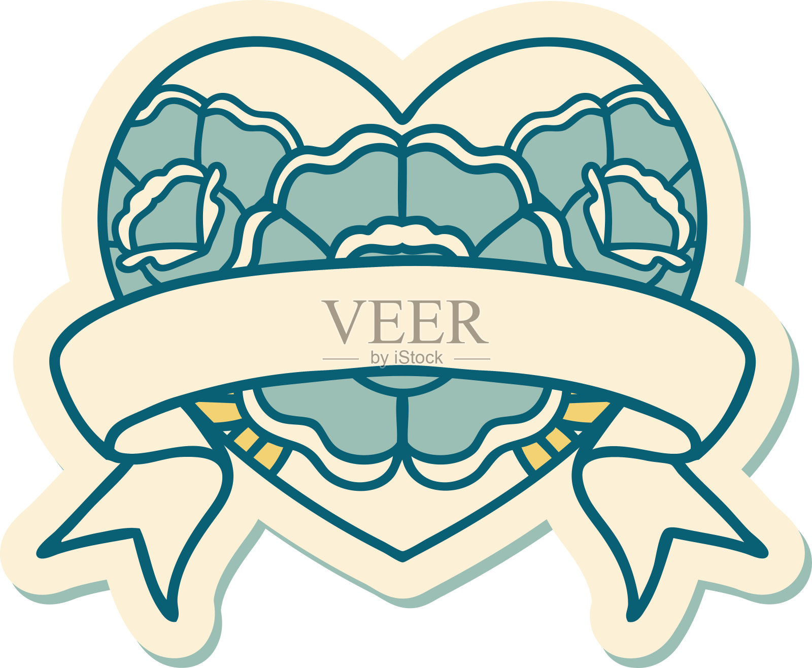 贴纸的纹身在传统风格的心脏和横幅花插画图片素材