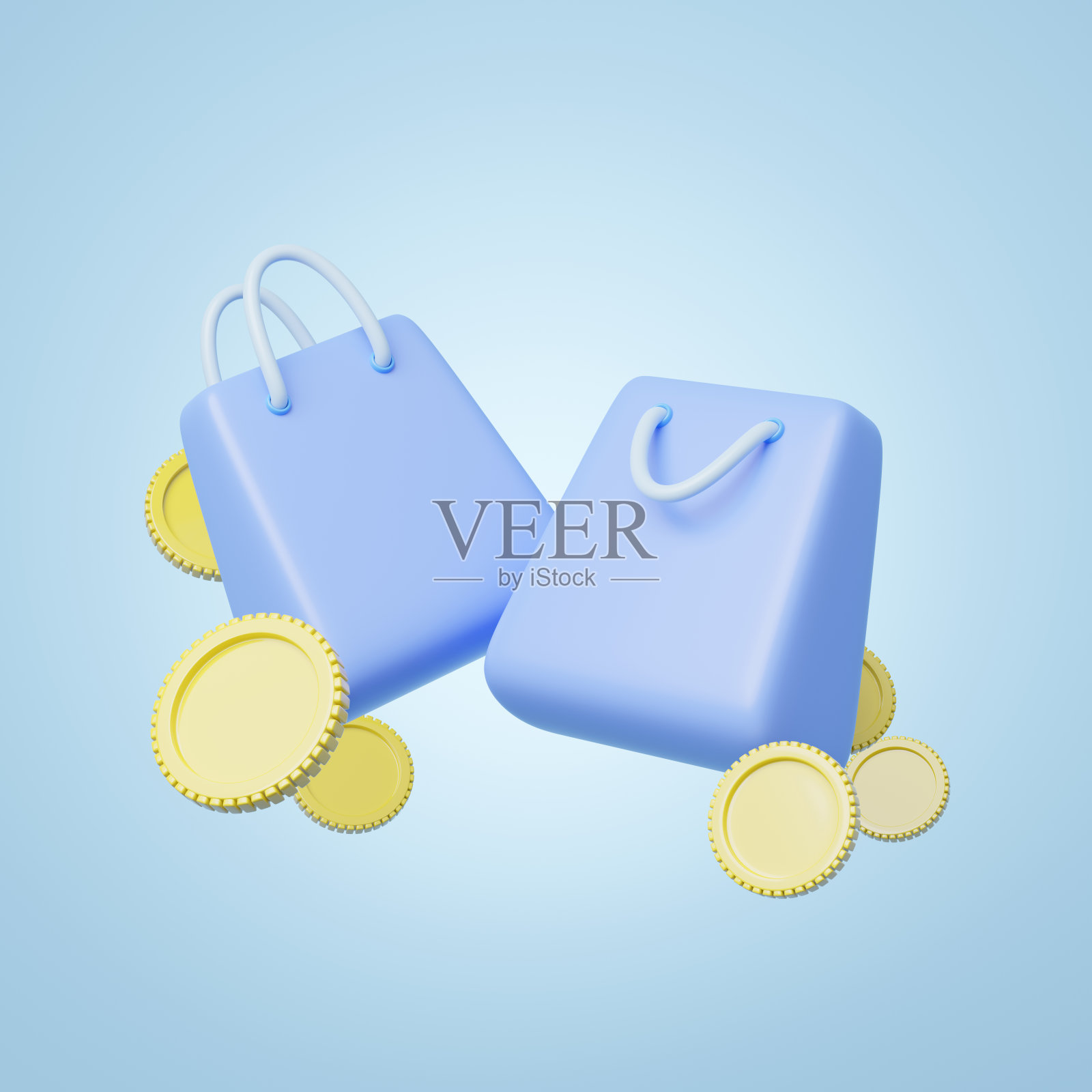 3D纸购物袋，金币漂浮在蓝色背景。数字营销在线，电子商务，商店应用程序，网上购物概念。销售推广。商业卡通风格的概念。3d图标渲染。照片摄影图片