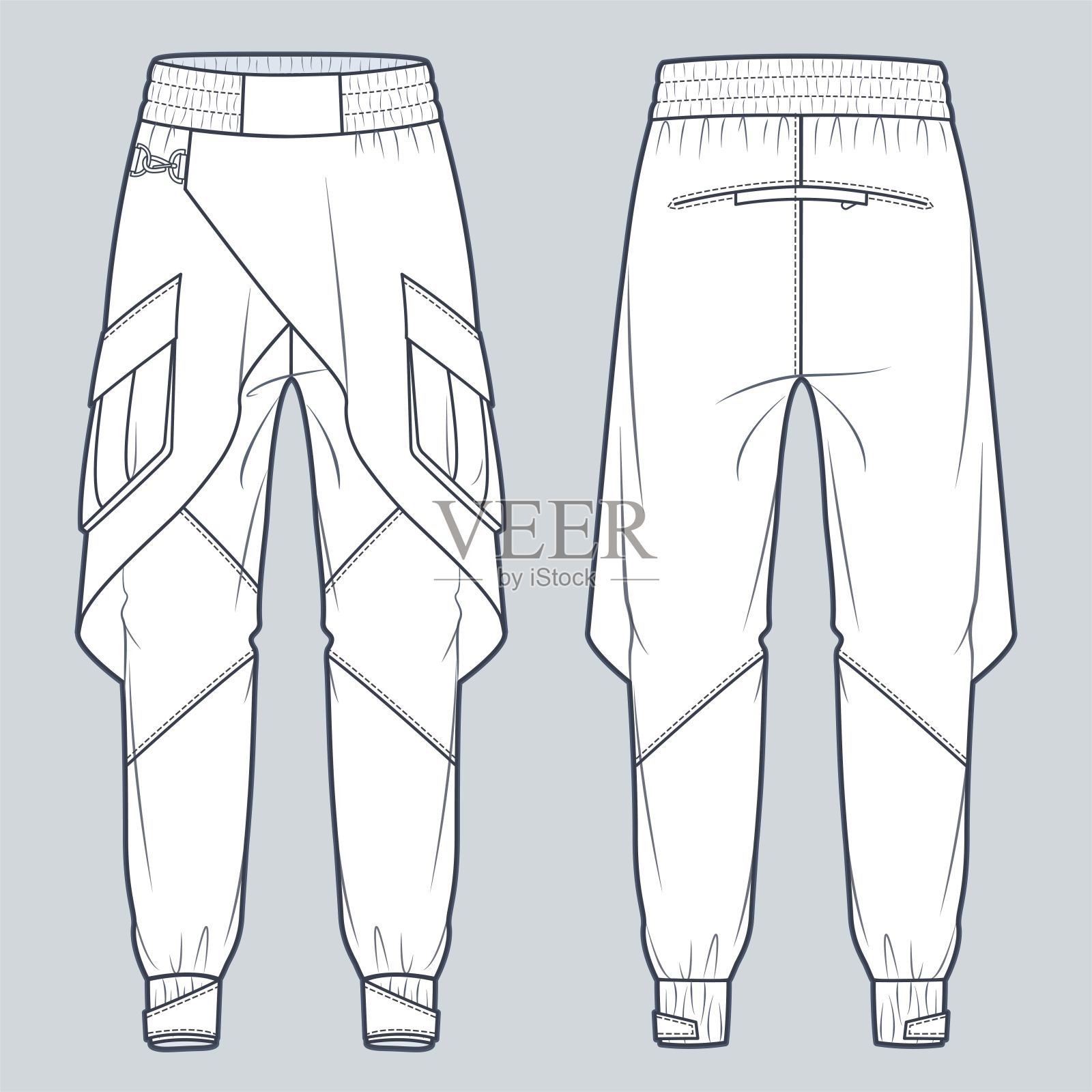 包裹慢跑裤技术时尚插图。牛仔裤时尚平面技术图纸模板，口袋，弹性腰带，前后视图，白色，女性，男性，男女通用的CAD模型。插画图片素材