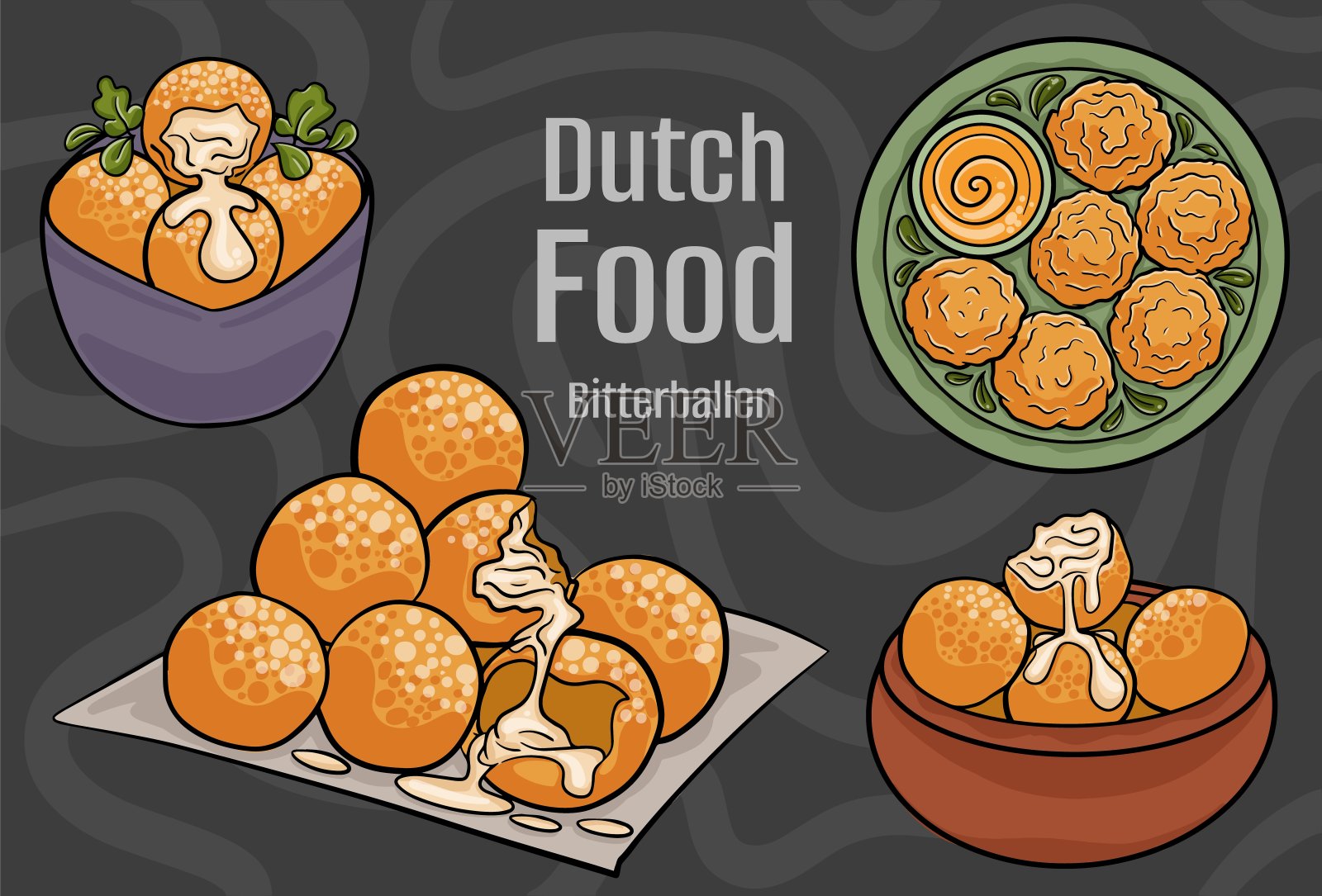 荷兰食品。一套经典菜肴。卡通手绘插图。插画图片素材
