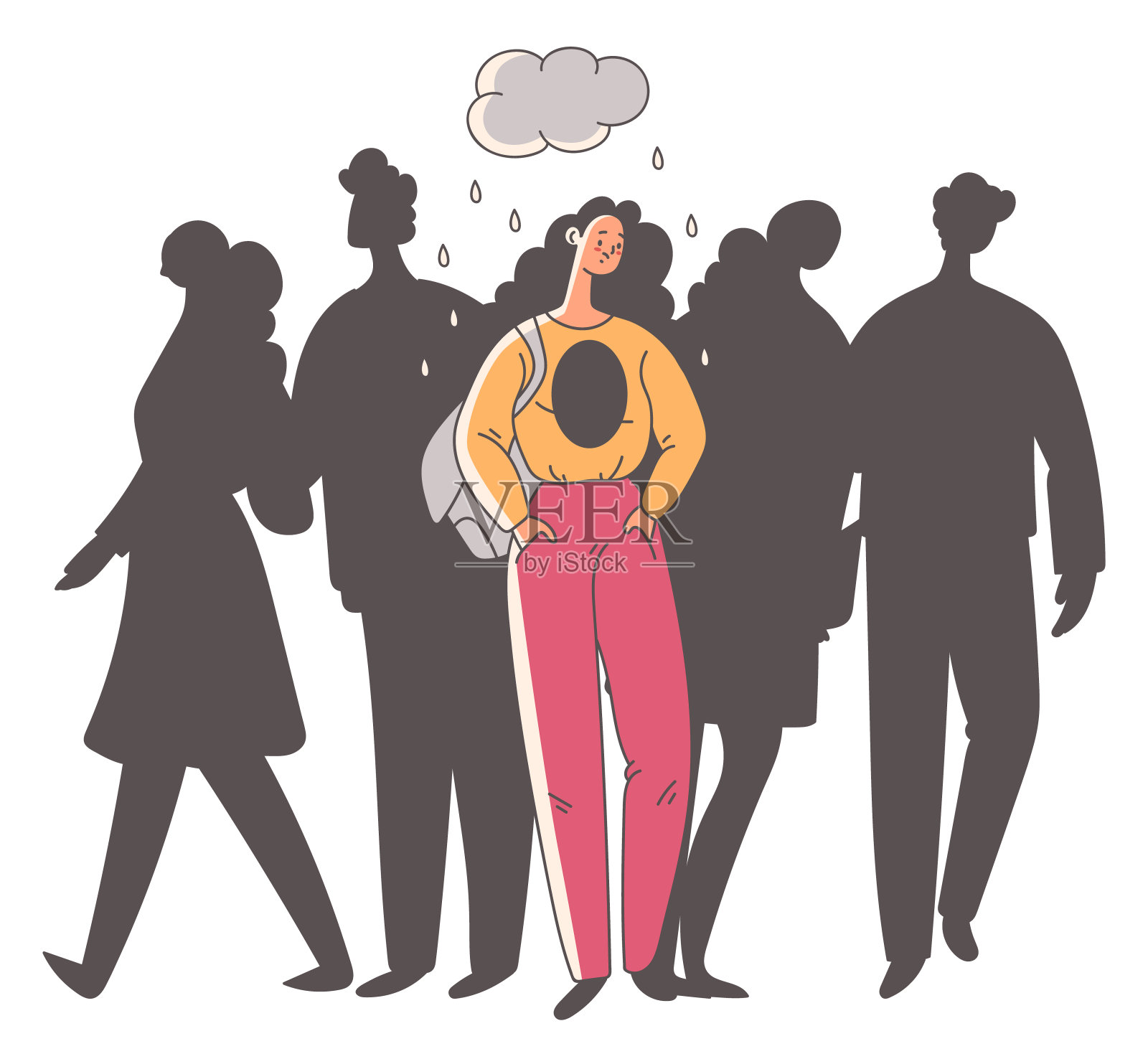 在人群中，人们，男人，女人，感到孤独，焦虑，混乱。心理倦怠问题的概念。矢量卡通平面设计元素说明插画图片素材