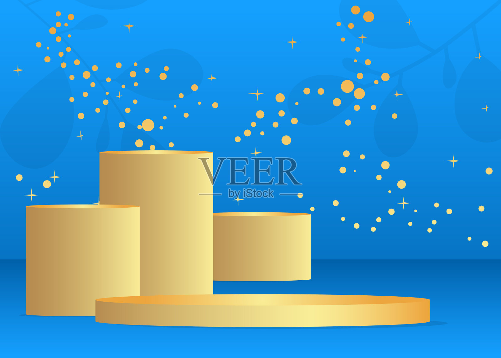 金色和蓝色模型产品展示。矢量三维圆柱底座裙台。用于展示的舞台展示柜。未来科幻最小几何形式，空场景。插画图片素材