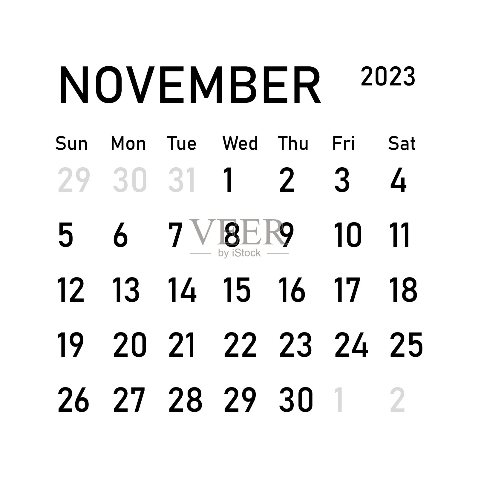 2023年的经典月历。日历采用极简风格的方形造型。2023模型。经典的简约设计。白底黑字。11月插画图片素材