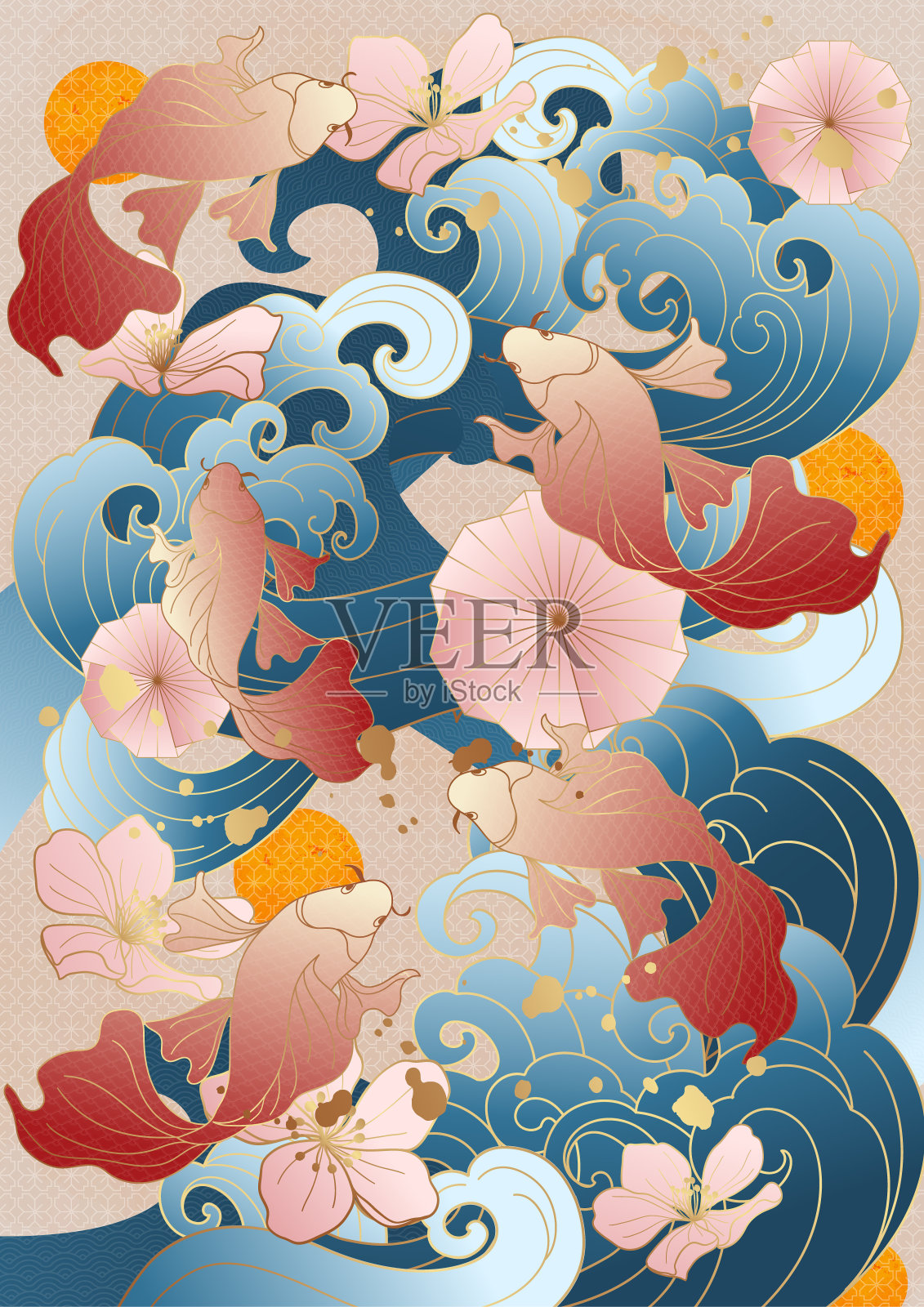 亚洲风中国风民族潮古风传统古典吉祥樱花
波浪金鱼遮阳海报贺卡背景墙装饰画插画图片素材