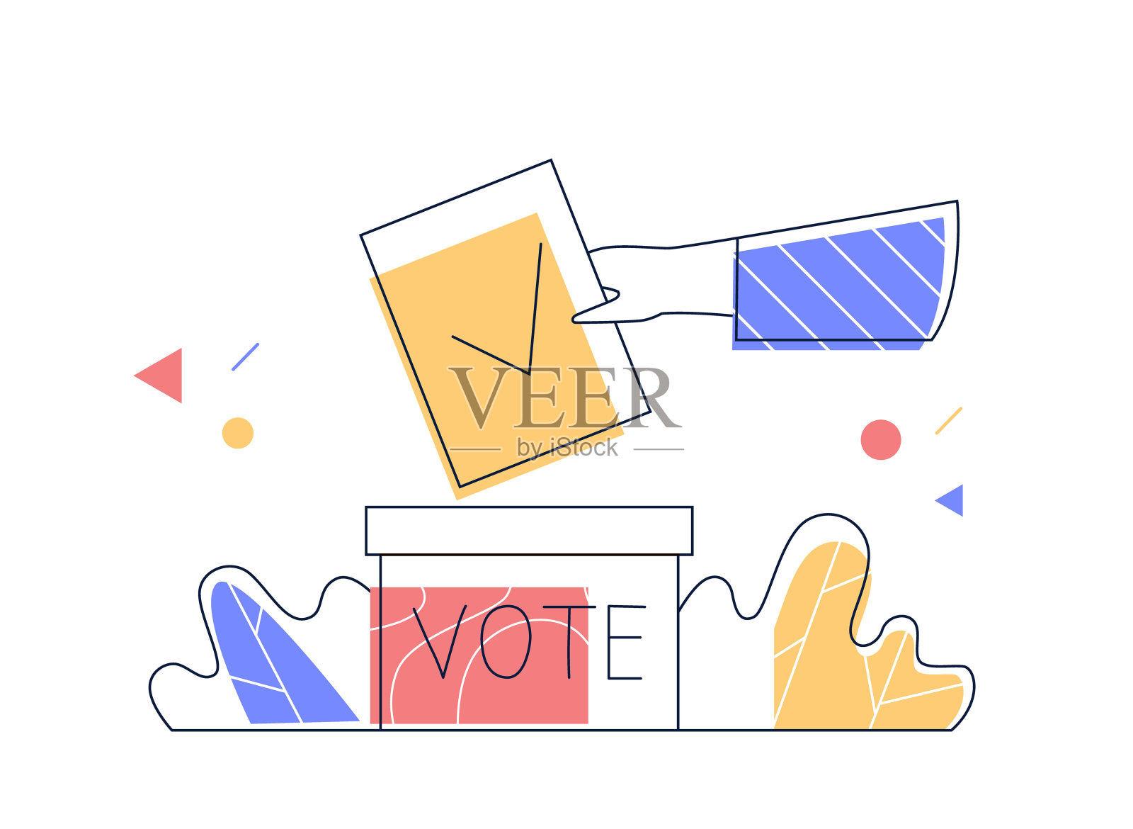 选举、投票、民主的概念。投票人的手将打勾的纸投进投票箱。插画图片素材