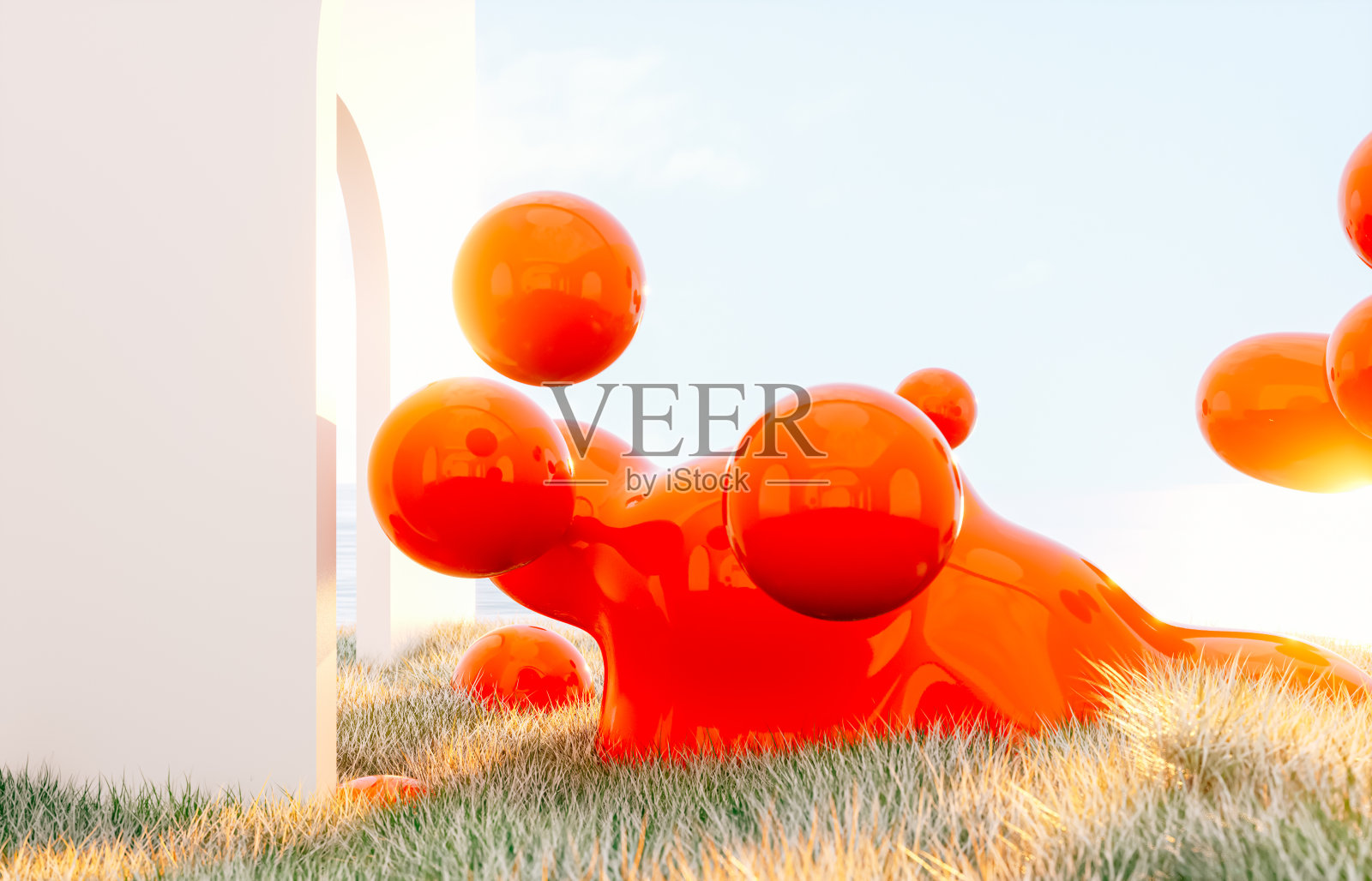 春夏景观场景用彩色三维几何液体形式安装。照片摄影图片