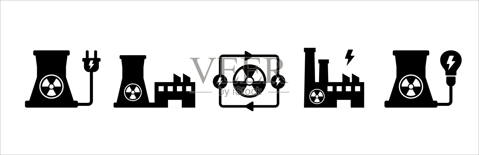 核电电力图标集。电源相关图标。绿色能量矢量图标设置。可再生核反应堆发电机符号。清洁能源说明。图标素材