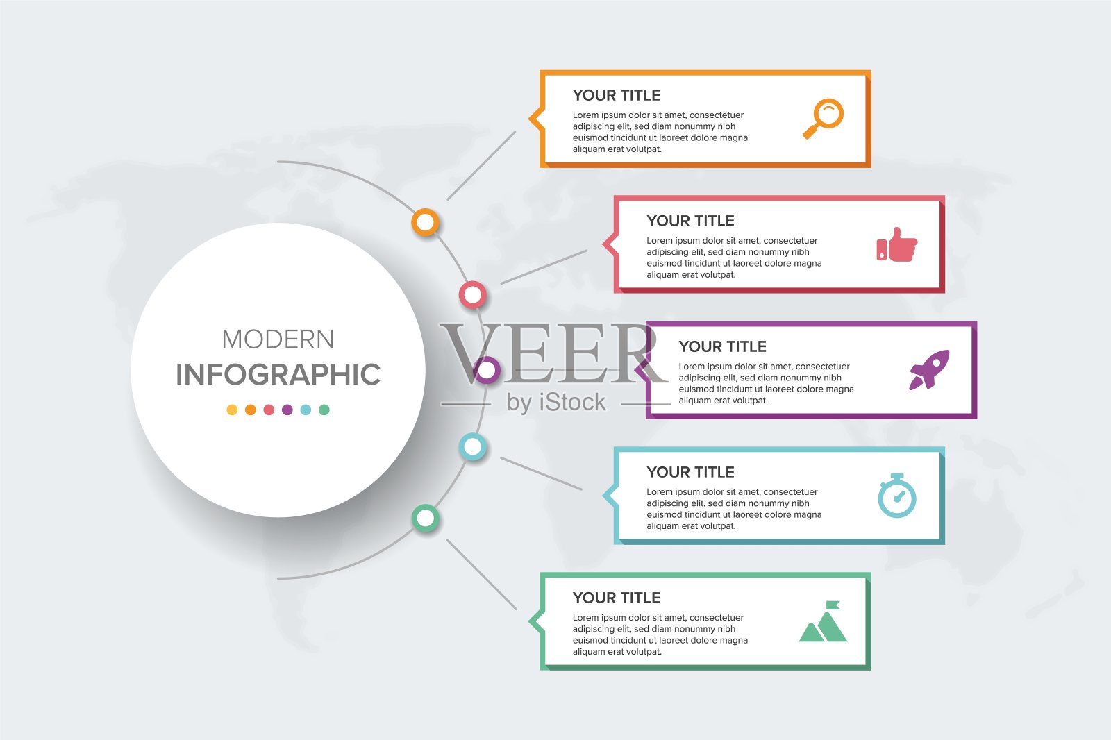 信息图元素向量5选项，步骤，列表，过程的创意概念。图表的抽象元素，带有步骤、选项、部件或过程的图表，时间轴信息图，工作流或图表。设计模板素材